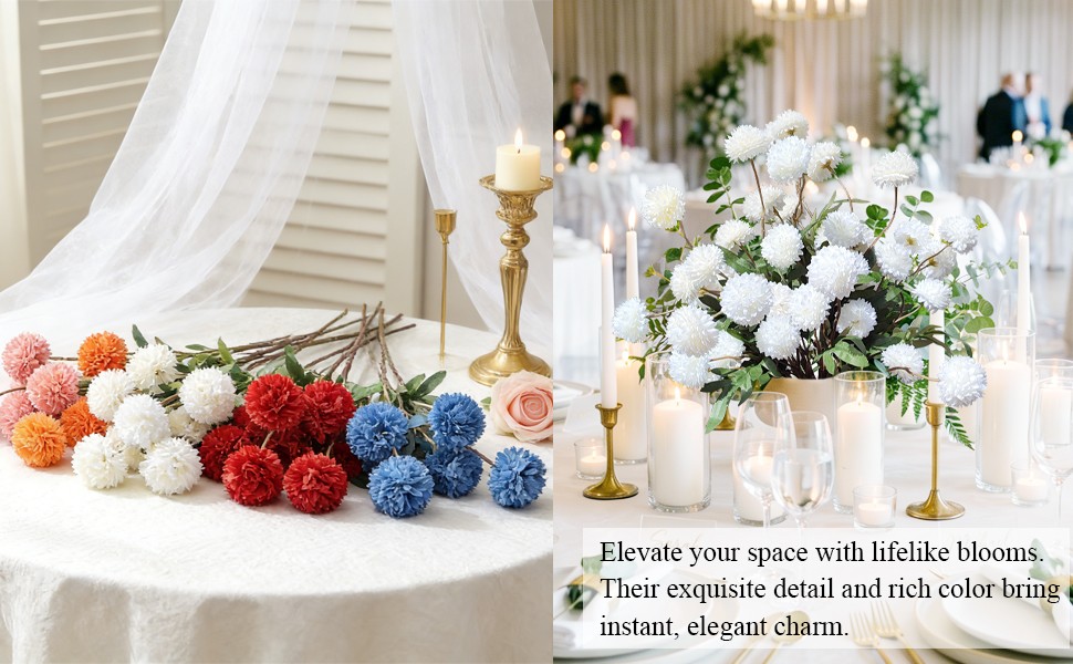 8 Pcs Artificial Flowers White Beige Faux Silk Pompon Mums, 20″ Long Stem Fake