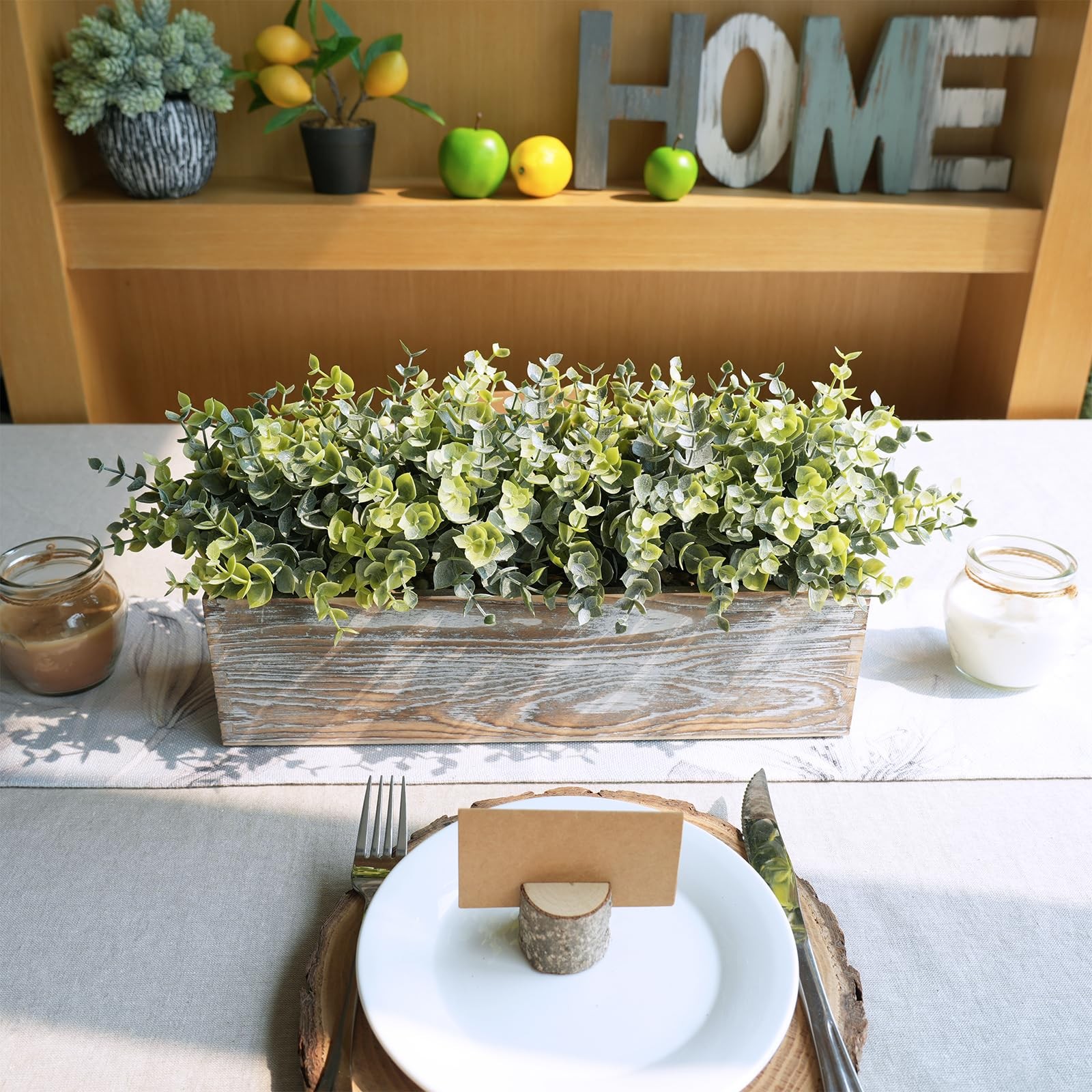 14″ Artificial Eucalyptus in Rustic Rectangular Wooden Planter Box Faux Potte…
