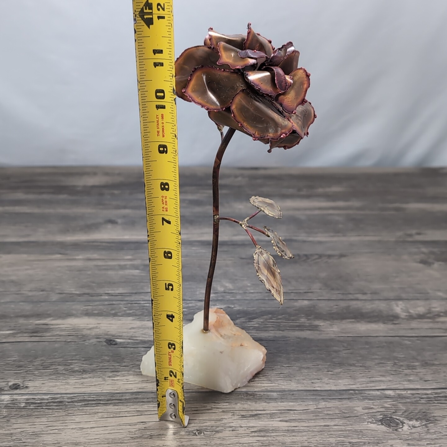 Vintage Tole Wild Rose Sculpture Rock Base Signed 1986 11.5in OOAK Decor