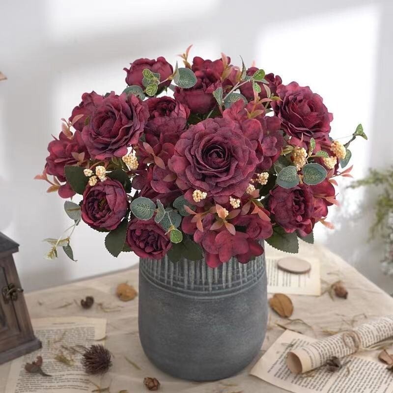 Artificial Flowers Retro Silk Rose Bouquet Hydrangea Peony Vintage Bride wedding