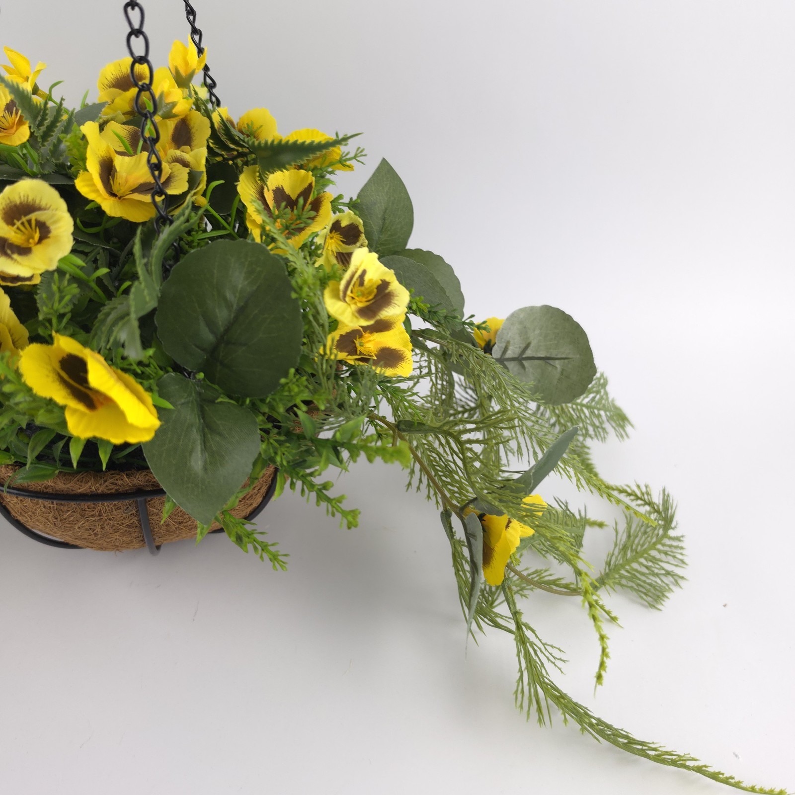 Garden Reflections Cascading Faux Pansy & Fern Hanging Basket Yellow