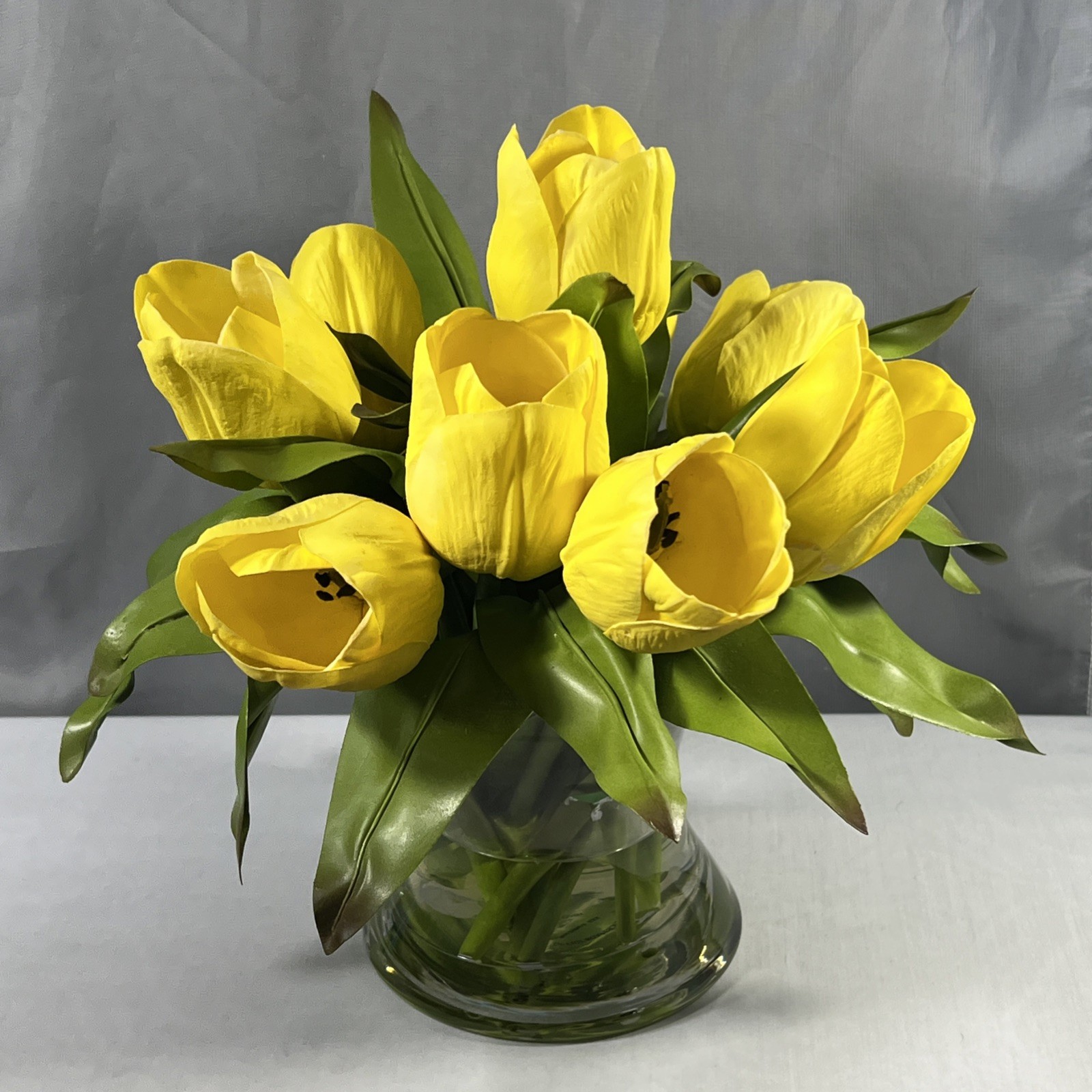 9 Yellow Silk Tulips Centerpiece Feel Real Flowers in Glass Vase w/ Faux Water