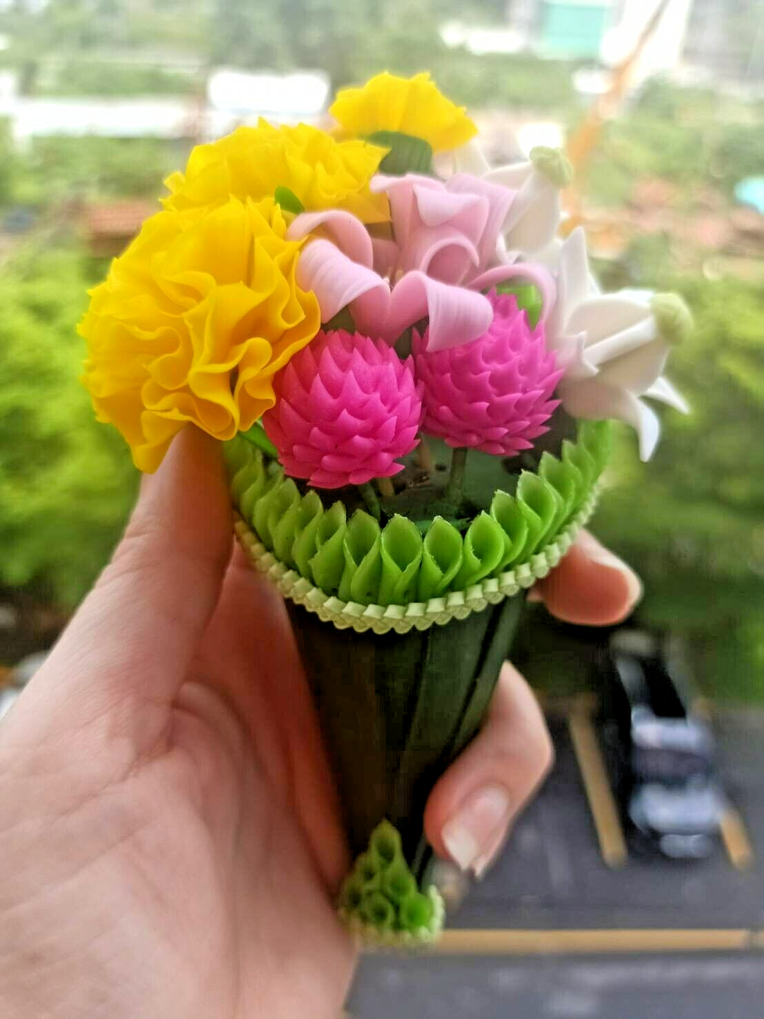 Handmade Artificial Banana Leaf Clay Floral Dollhouse Bouquet Flower Arrangement
