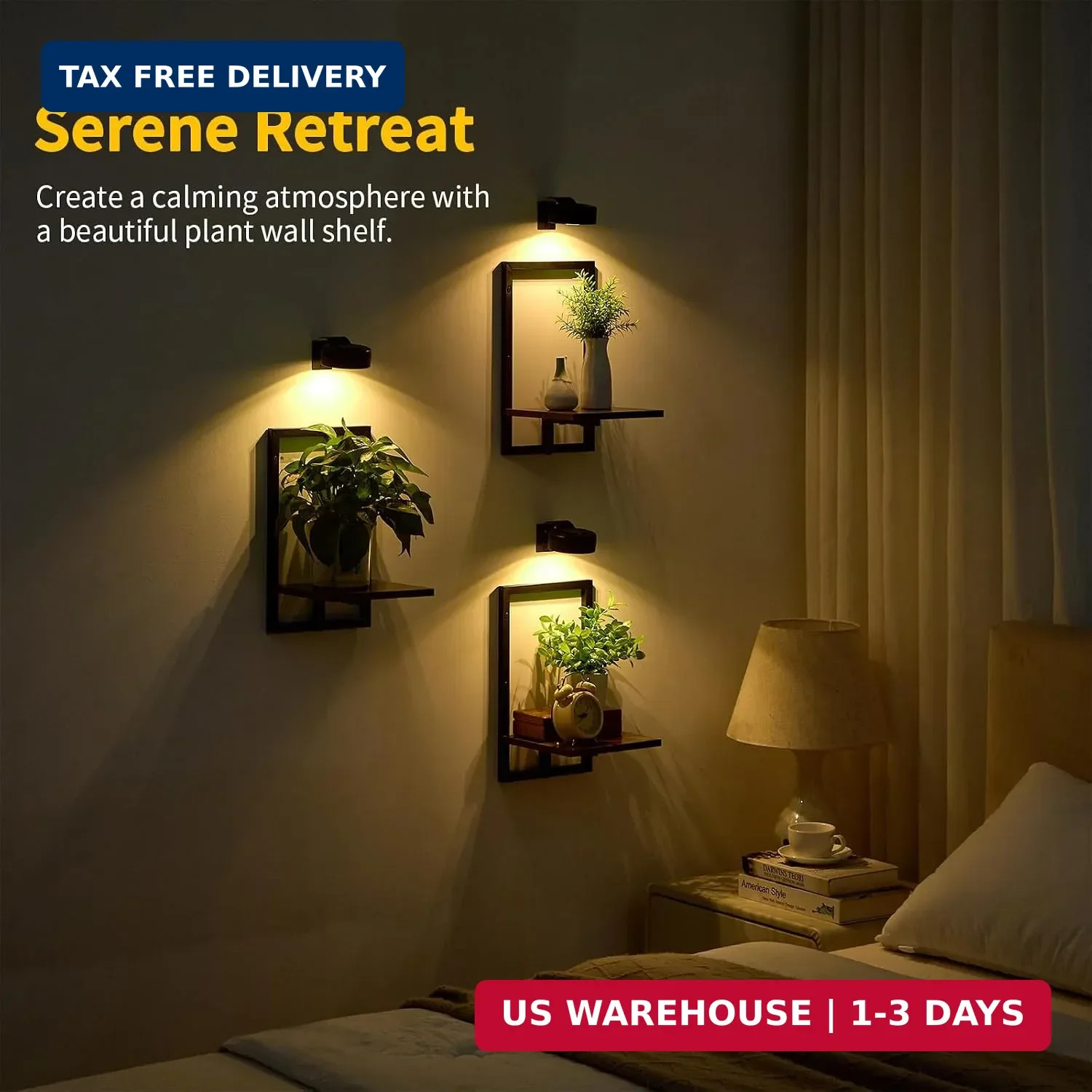 Wall Planters with Grow Lights, Set of 3 Floating Shelves for Indoor Plants, Bed