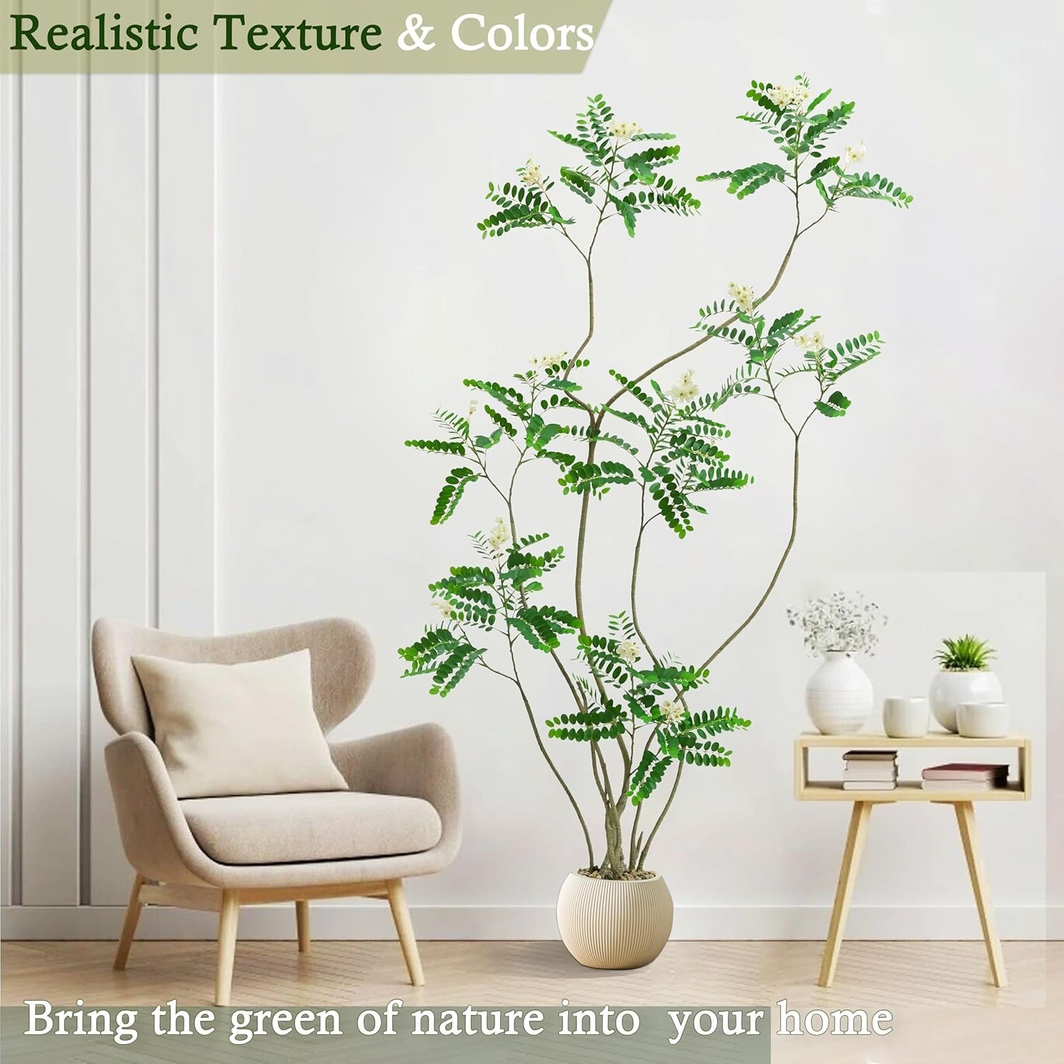 Artificial Black Locust Tree 6FT Faux Floor Plant White Flower Beige Ribbed Plan
