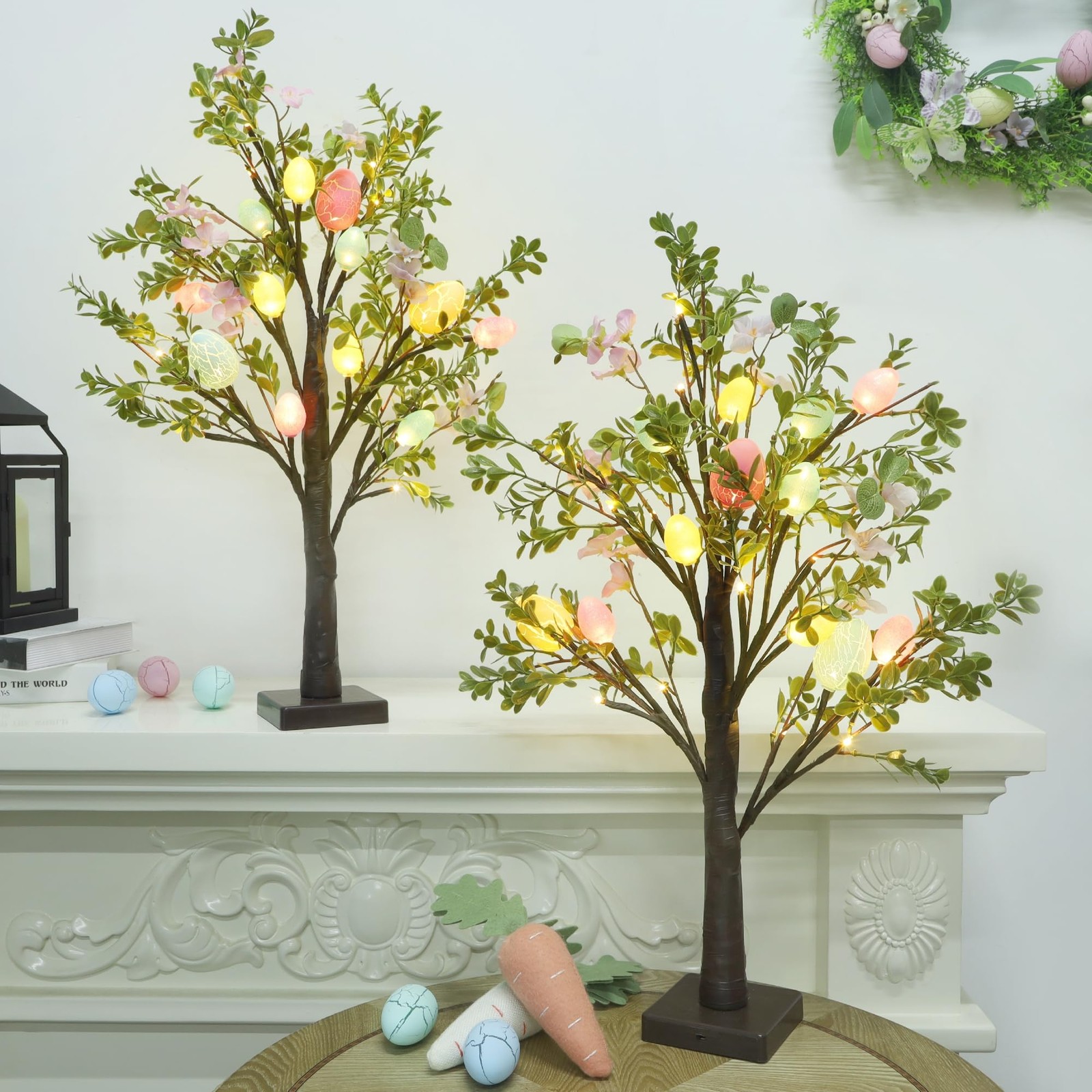 Easter Decor Set of 2 Lighted 24 Inch Artificial Tree with Easter Eggs & Colorfu