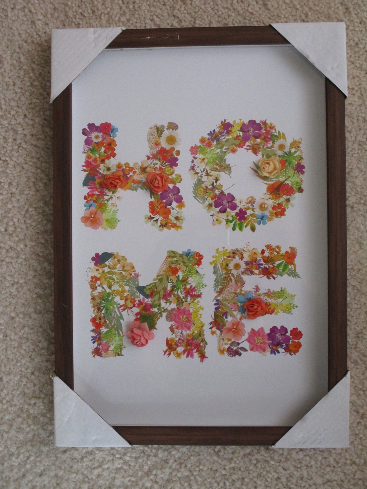 Floral HOME wall decor sign 9.5″ x 13″ Brown Frame Glass front White background
