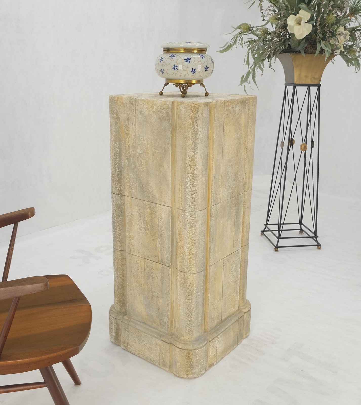 large 19×19 Square Faux Travertine 41″ Tall Carved Geometric Decorative Pattern