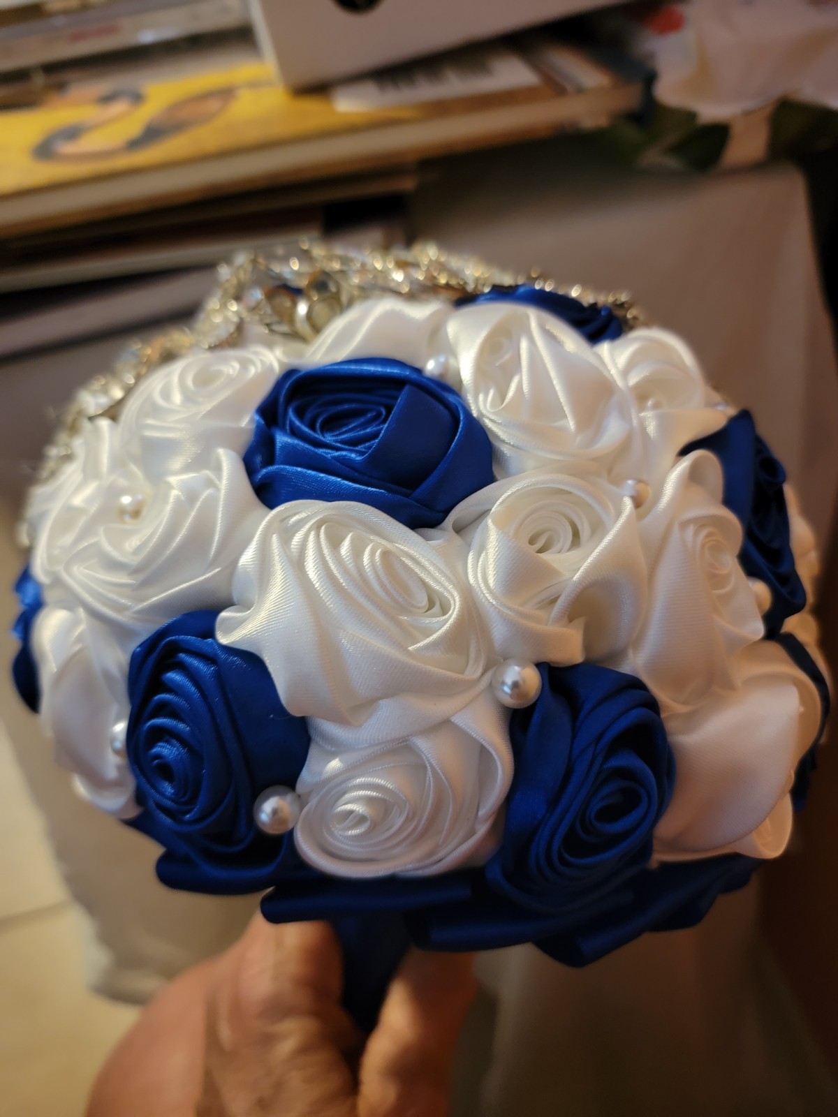 SET Bridal Wedding Bouquet Rhinestone Throw Toss Crystal Satin PLUS Flower Girl
