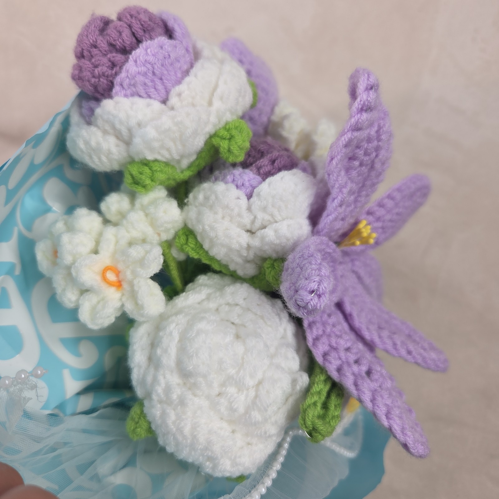 Crochet Flower Bouquet Purple Handmade Knitted Flowers Rose Tulips Bunch Bundle