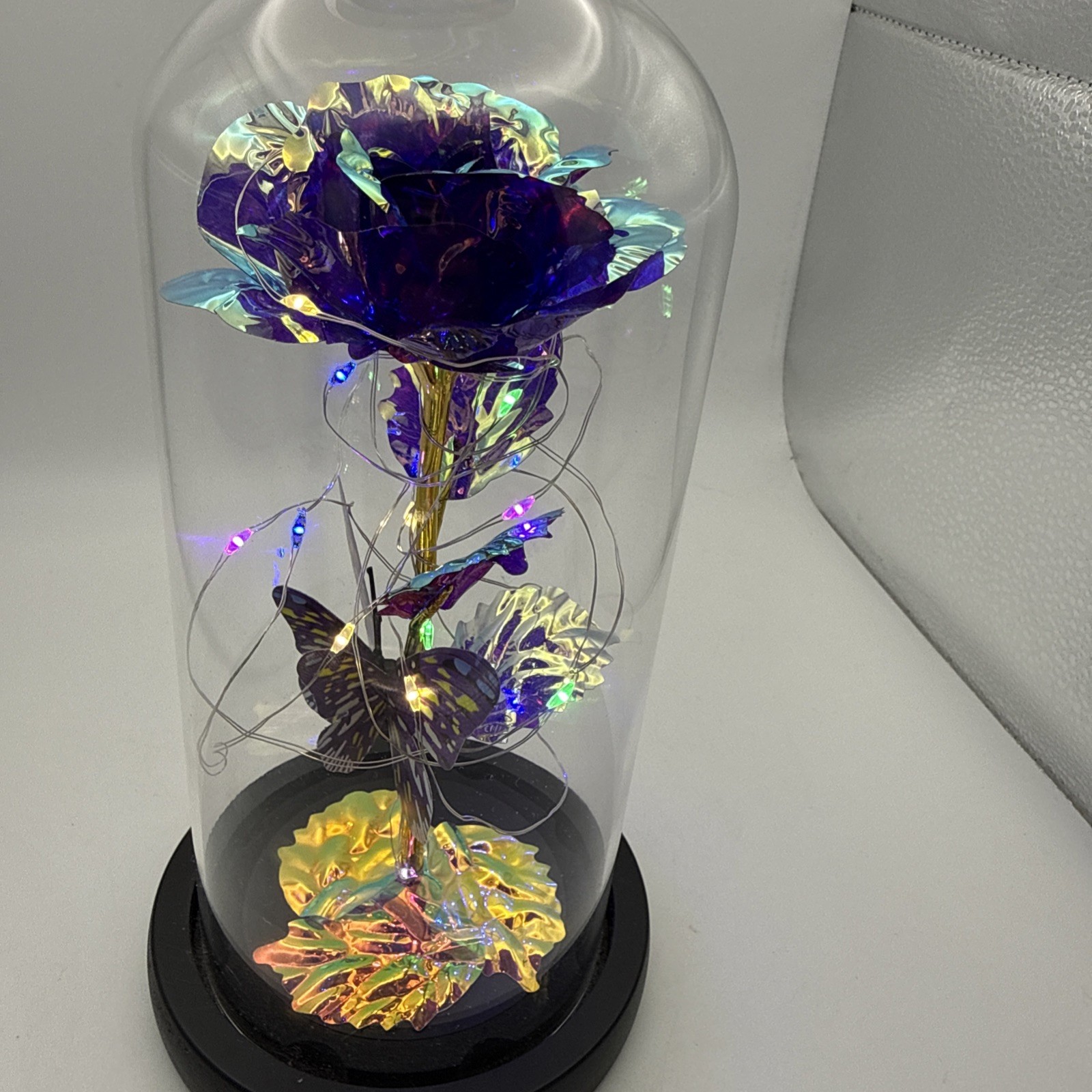 Purple Rose Flower & Butterfly in Glass Dome Cloche LED Lighted Floral Display