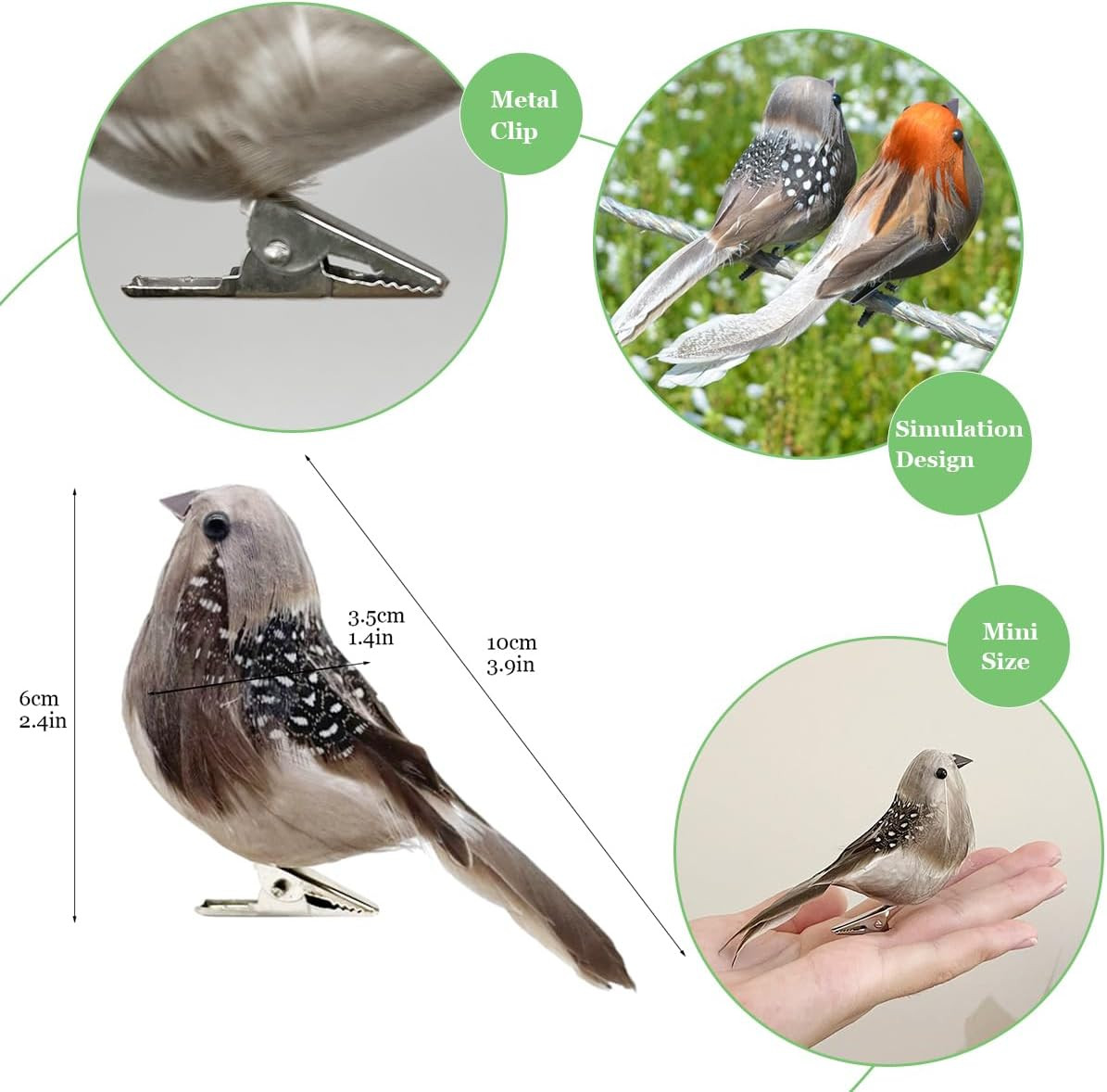 6pcs Artificial Birds Realistic 3.9-Inch Simulation Foam Feather Sparrow Bird Cl