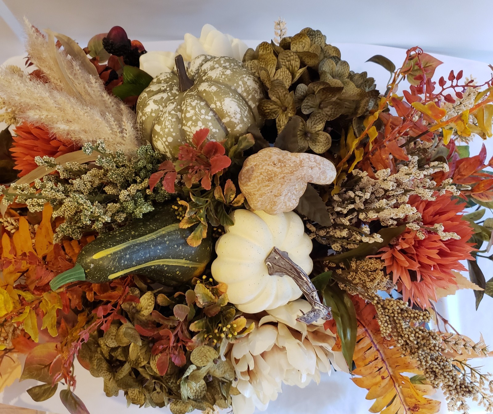Fall Hydrangea Pumpkin Centerpiece, Rustic Autumn Table Arrangement, Neutral