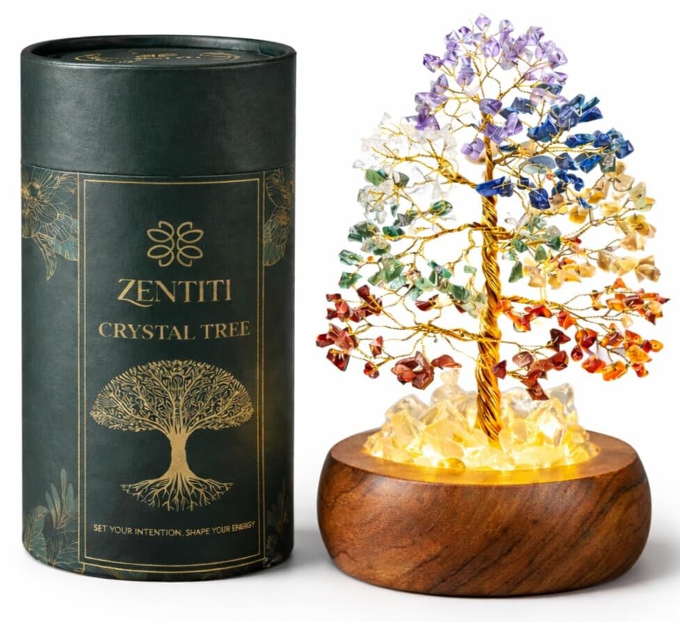 7 Chakra Crystal Tree of Life with LED Light, Handcrafted Gemstone Bonsai wit…