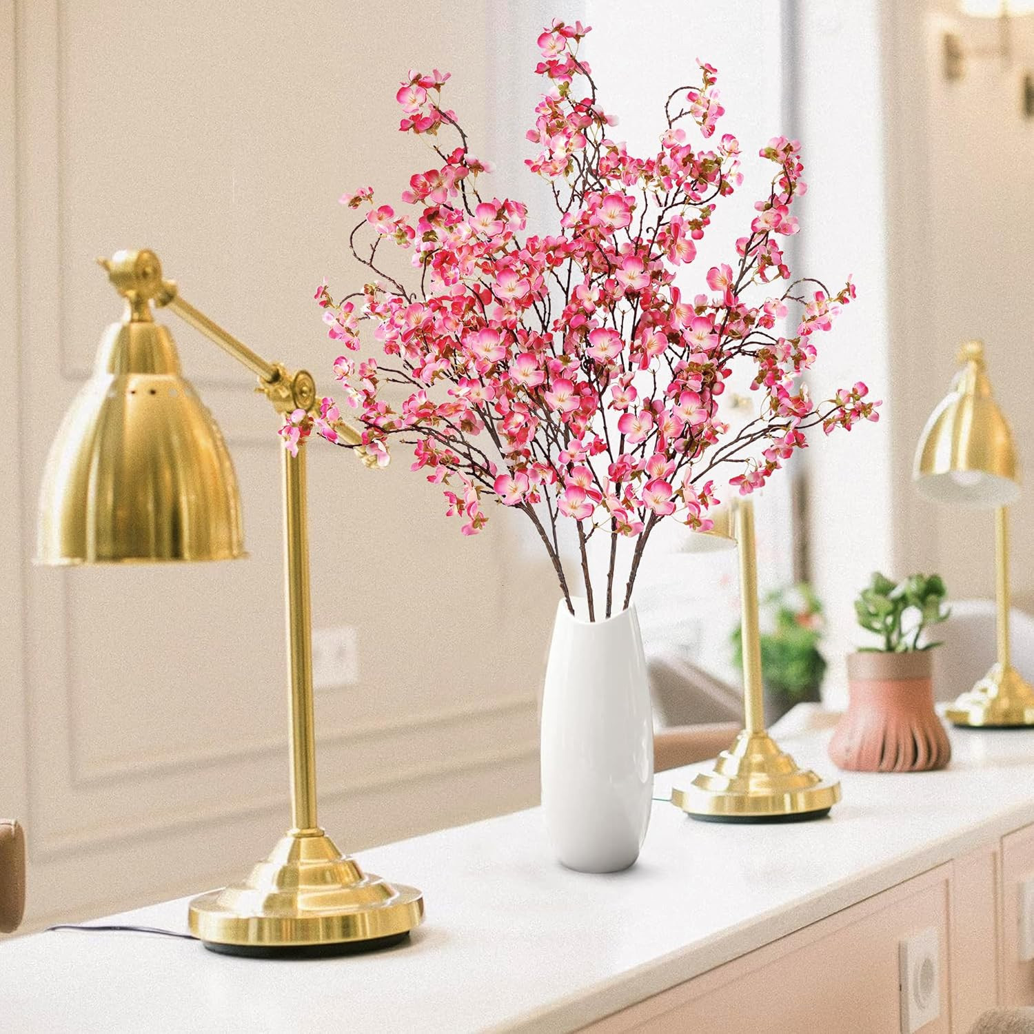 4Pc Artificial Cherry Blossom Stems 41″ Faux Silk Flowers Rose Red