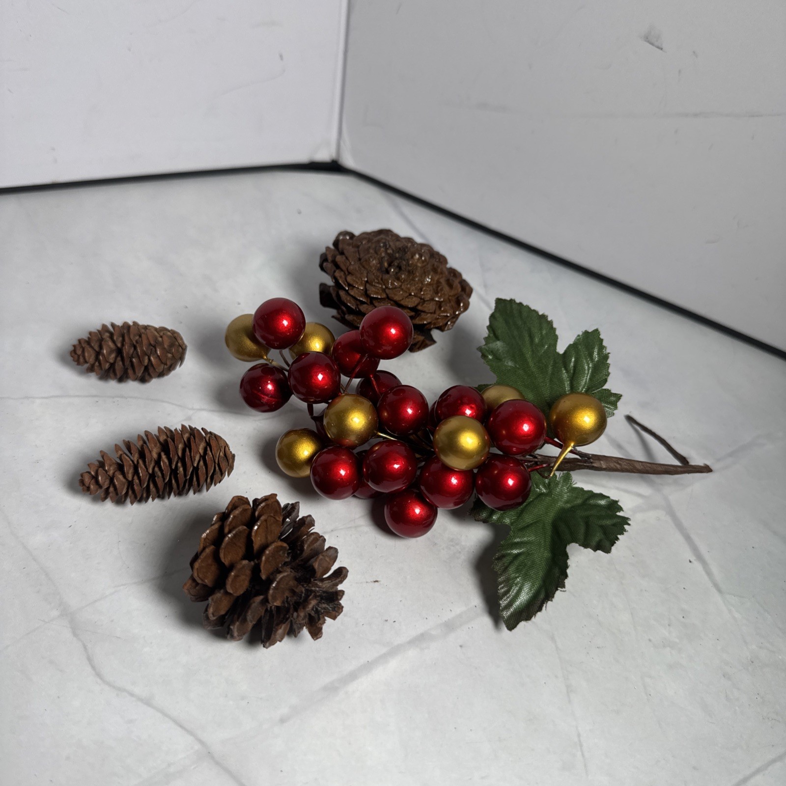 Red And Gold Holly Berry Stem and 4 Pine Cones Individual.