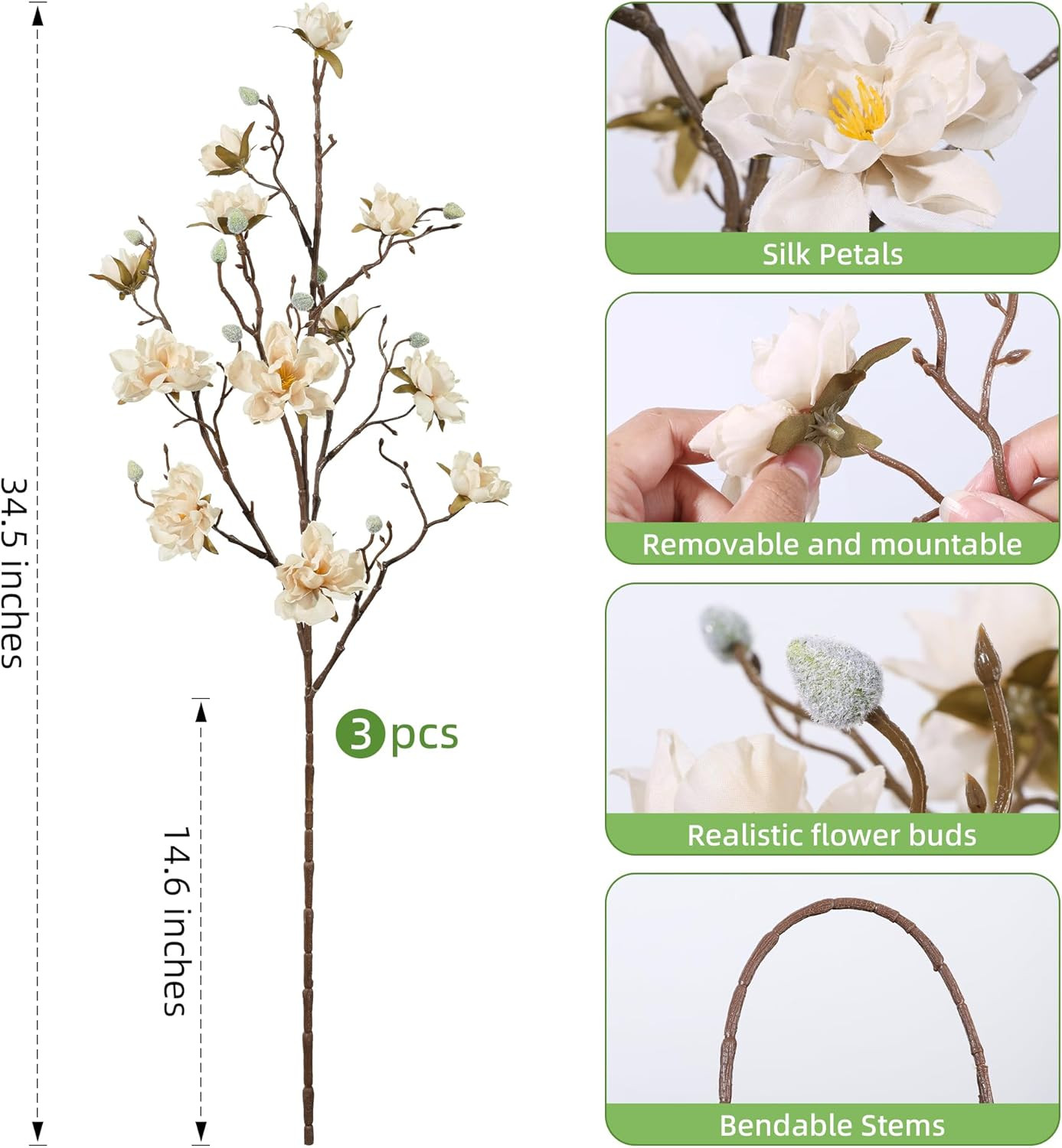 3PCS Artificial Magnolia Flowers Stems for Spring Decoration, Faux Champagne Mag