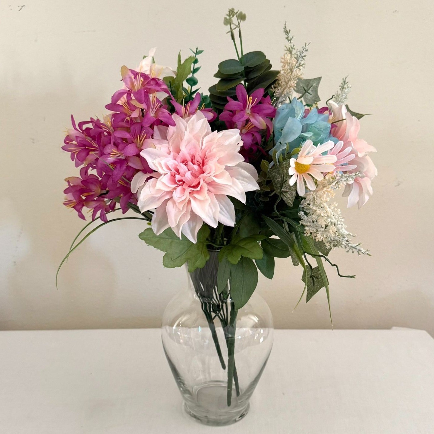 Upcycled Handcrafted Artificial Floral Arrangement Blue Green Pink Flowers OOAK