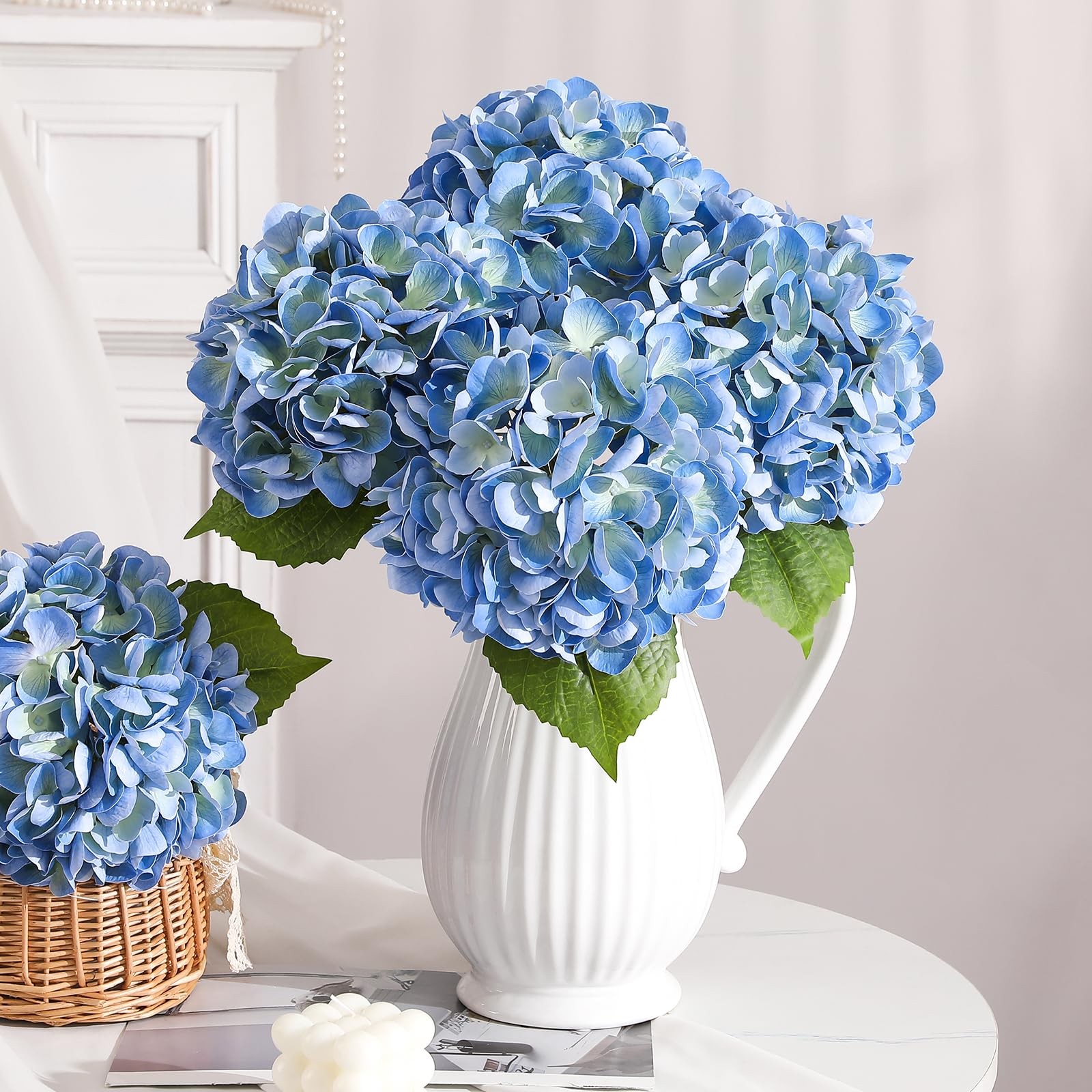 Blue Hydrangea Artificial Flowers – 3Pcs 22.44In Large Faux Hydrangea Flowers…