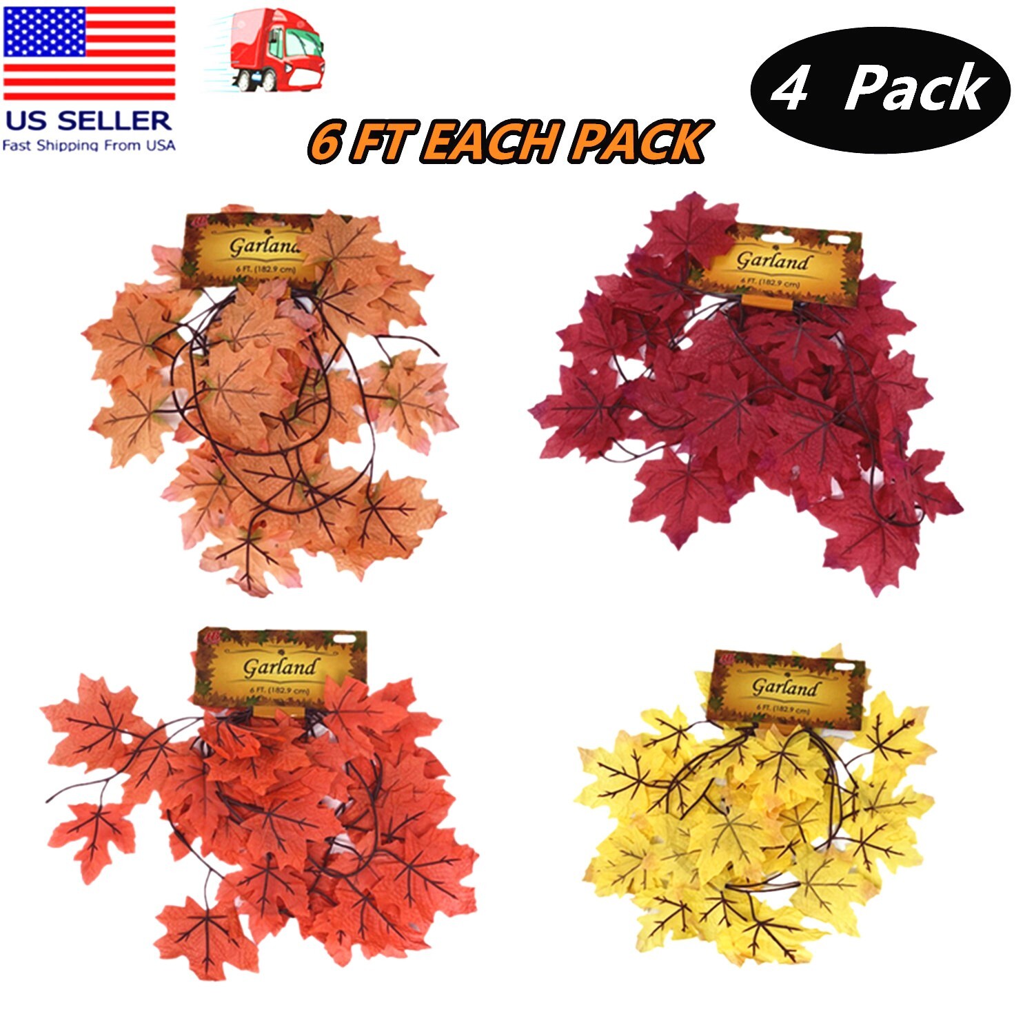 4 Pack Fall Garland Maple Leaf 6ft Foliage Mantle Vine Door Wall Decor Autumn