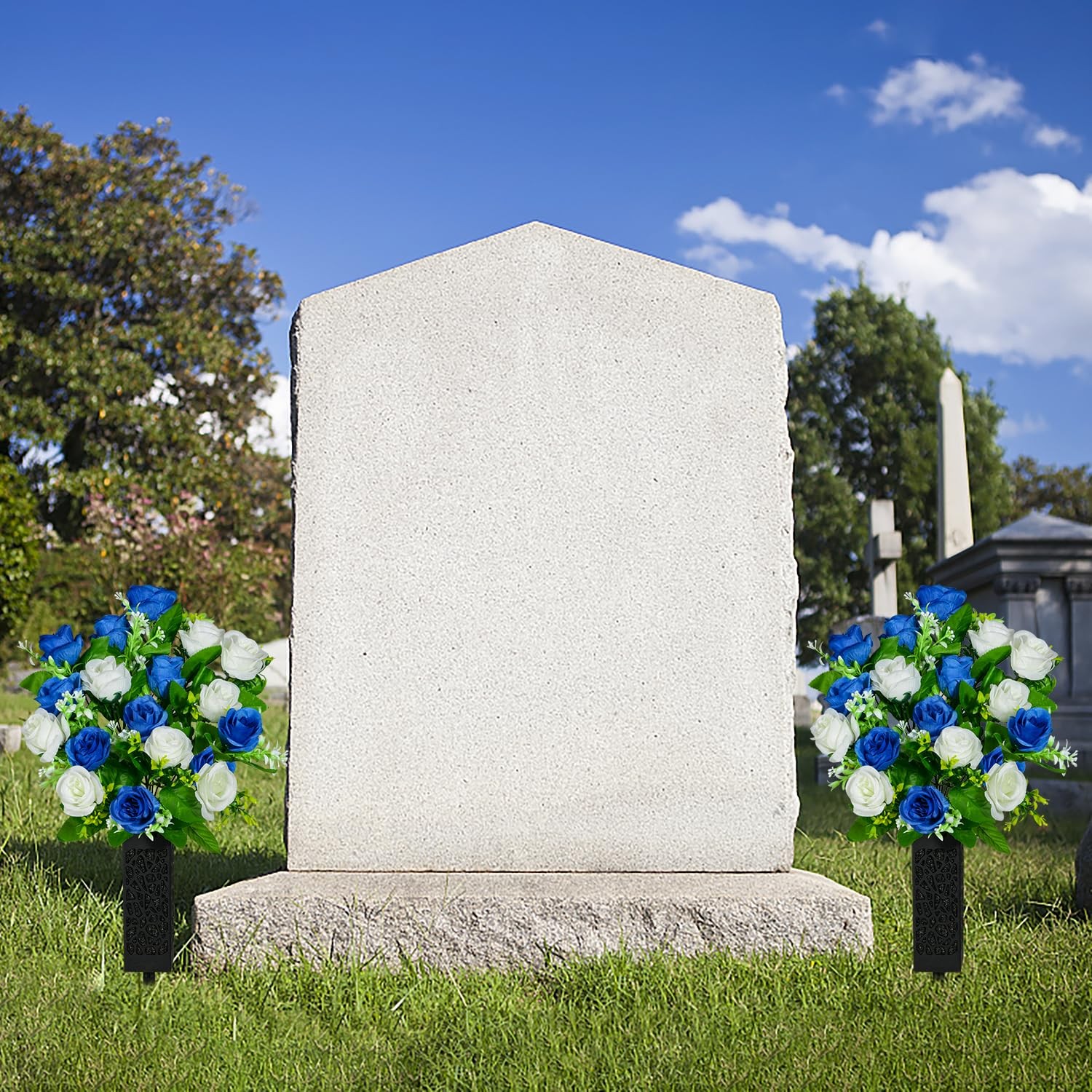 2 PCS Cemetery Grave Memorial Flowers Dark Blue White Rose Bouquet With Vase