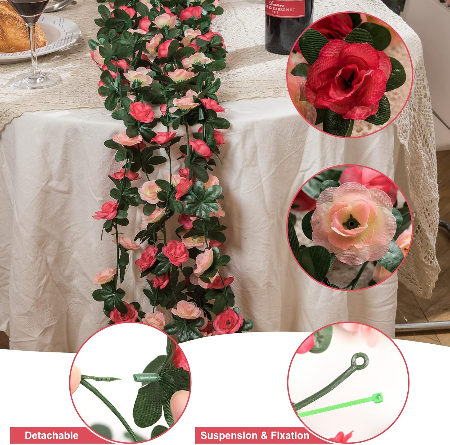 Flower Garland Rose Vines, 2 Strands 16.5Ft Flower Vines for Bedroom, Rose Flora