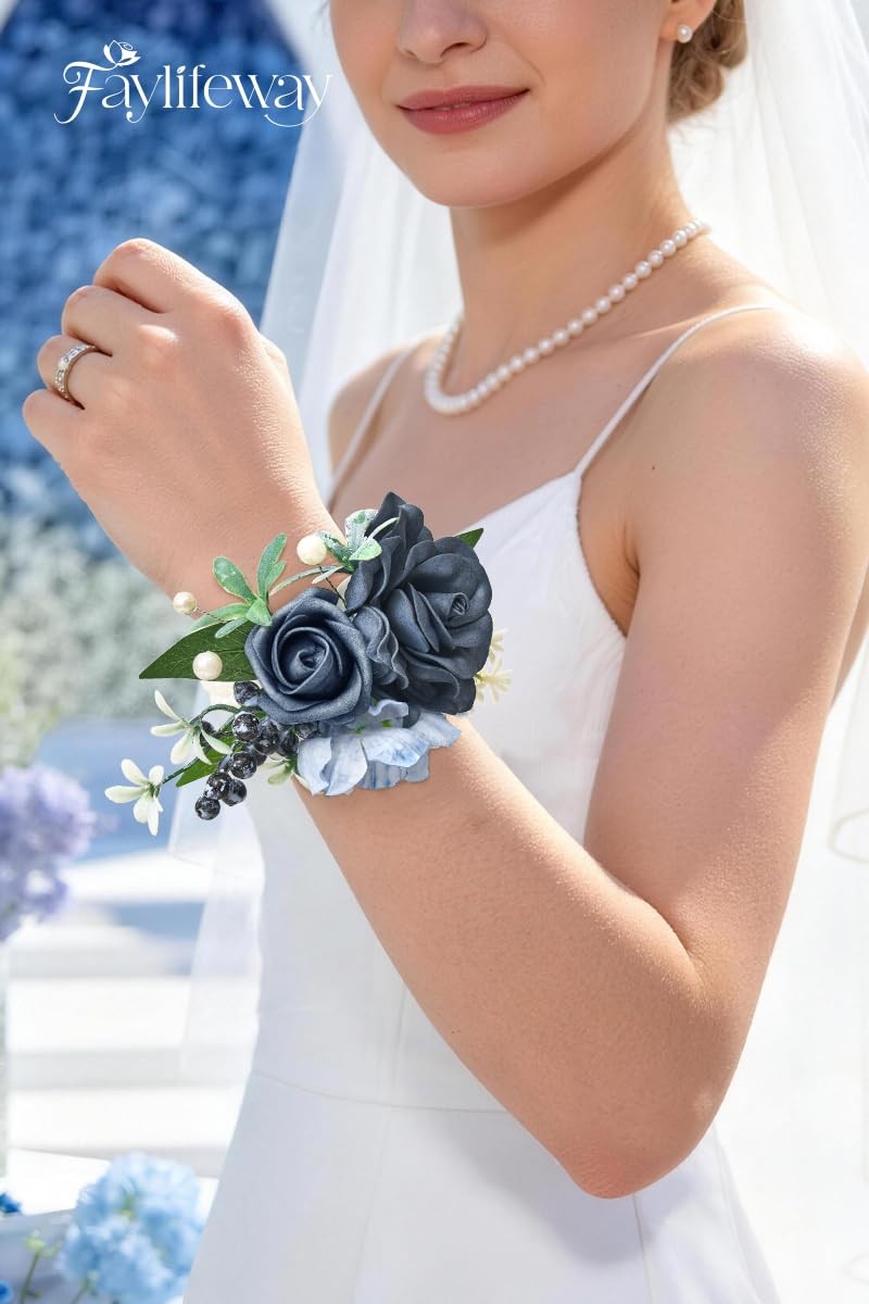 Blue Rose Corsage Boutonniere Set Prom Flower Wrist Wedding Artificial Decor