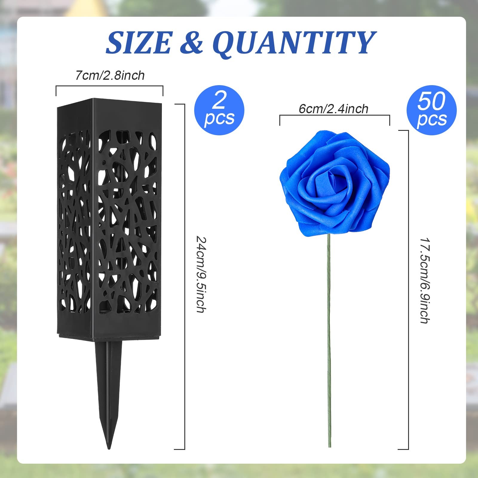 50 Artificial Cemetery Flowers with 2 Cemetery Vase Blue Rose Floral Grave De…