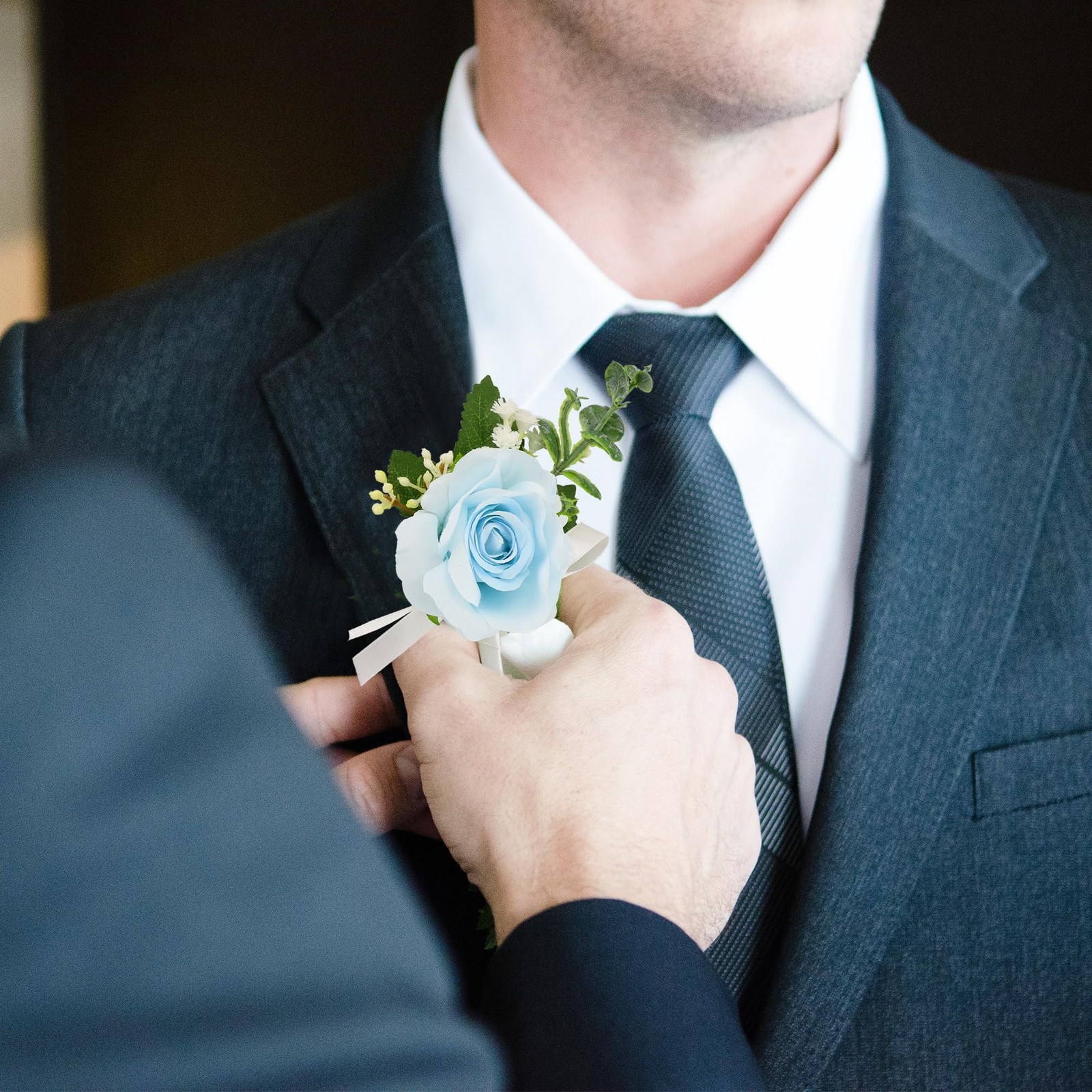 Light Blue Wrist Corsage Boutonniere Set Prom Wedding Men Flowers Party 2 PCS