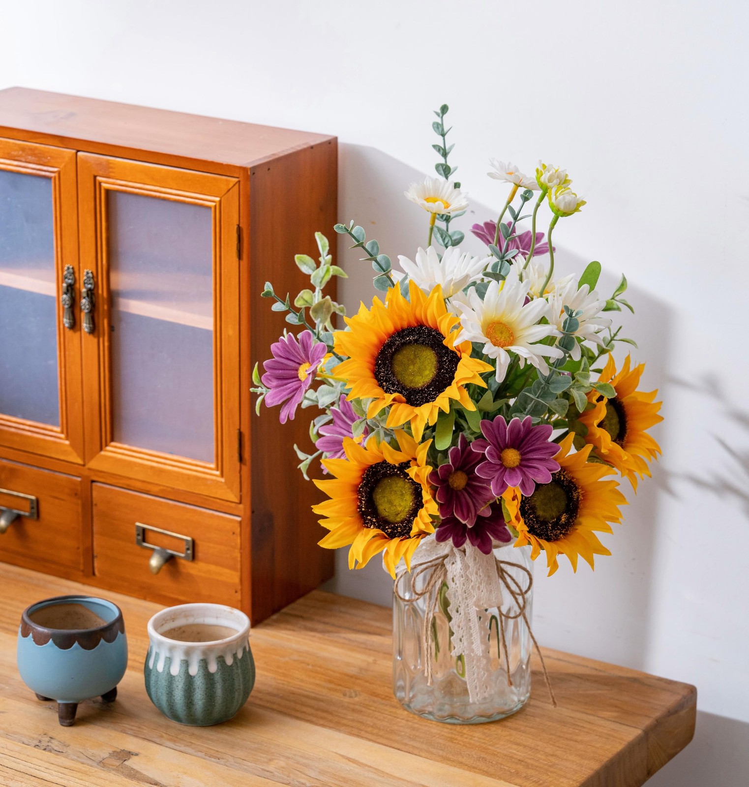 Artificial Sunflower, Daisy Bouquet, Vase, Faux Flowers, Centerpiece, Decor
