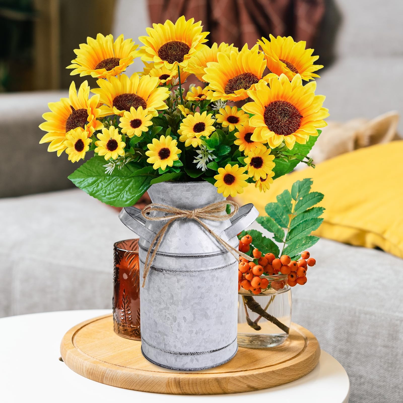 Farmhouse Sunflowers Centerpiece Metal Milk Jug Artificial Sunflower Bunches …