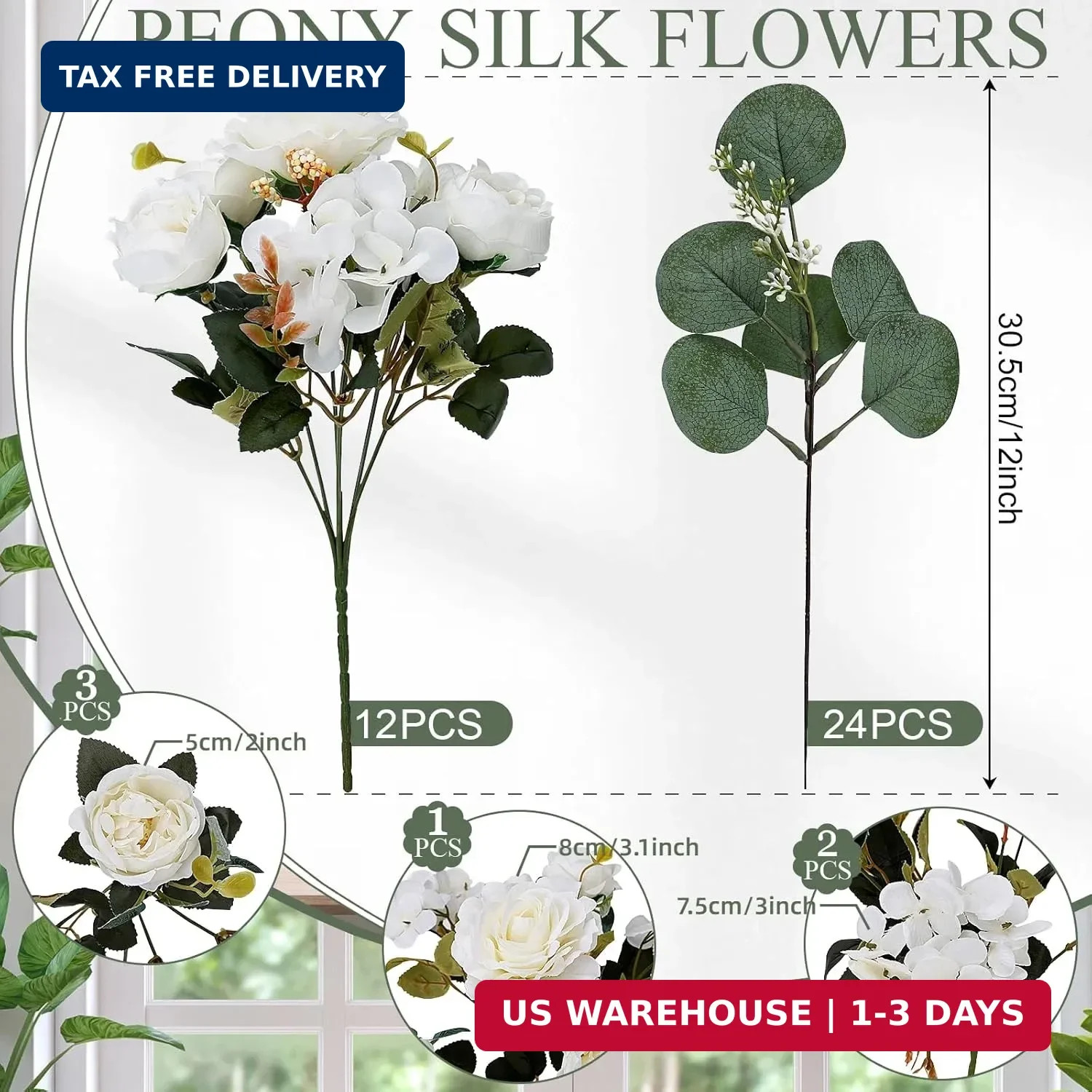 Peony Artificial Flowers, Faux Peonies Hydrangea Eucalyptus Bouquet 12 Packs Sil