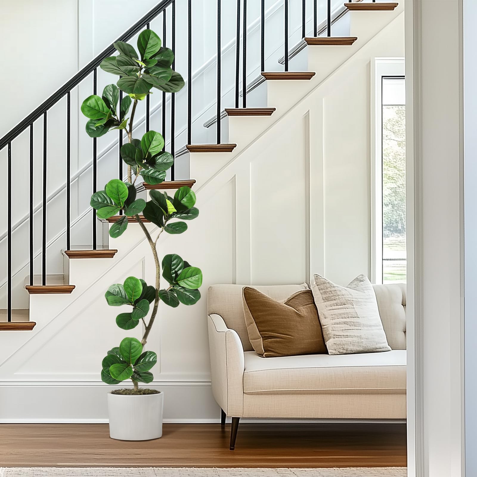 5/6/7FT Artificial Fiddle Leaf Fig Tree in Black Pot ,Tall Fake Plant Home Decor