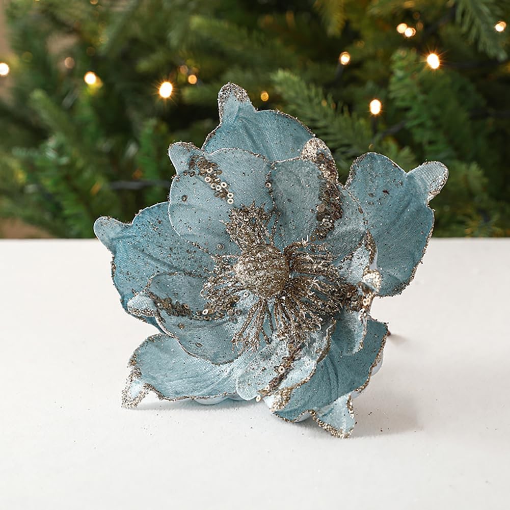 6 Pcs Poinsettia Artificial Flowers Christmas Tree Ornaments Velvet Glitter M…
