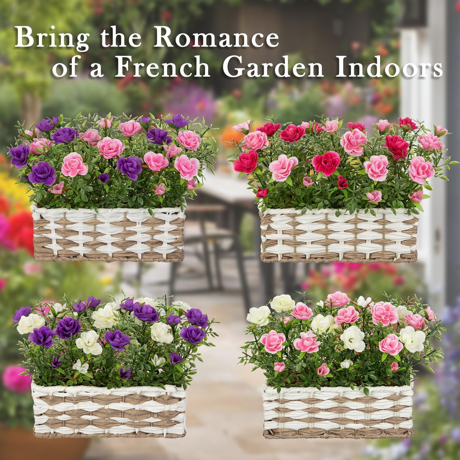 Artificial Rose Flowers with Woven Basket, Faux Blooming Roses in Fake Rattan…