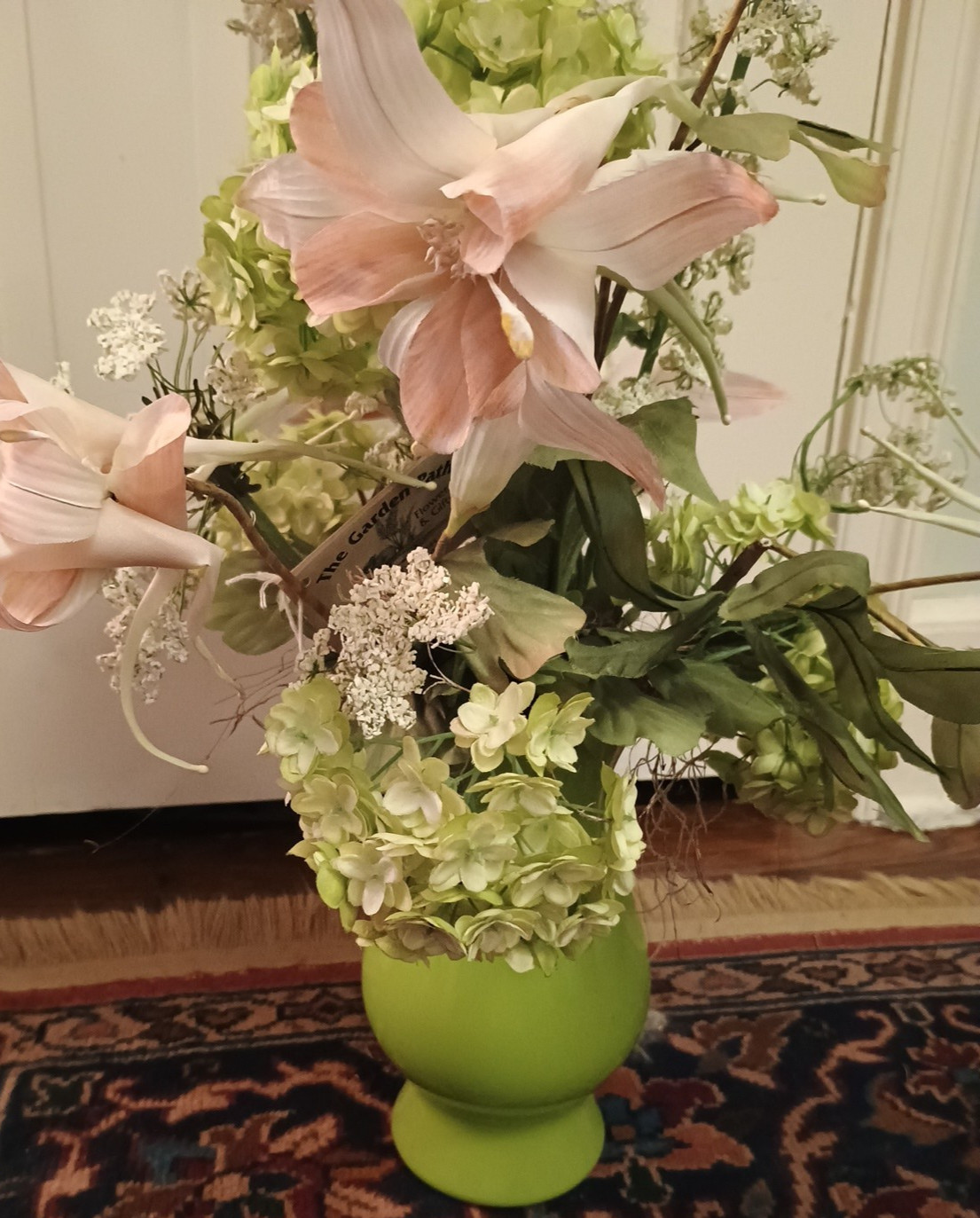 Pink Lily Delphinium Hydrangea Faux Silk Flower Arrangement Floral Green Vase