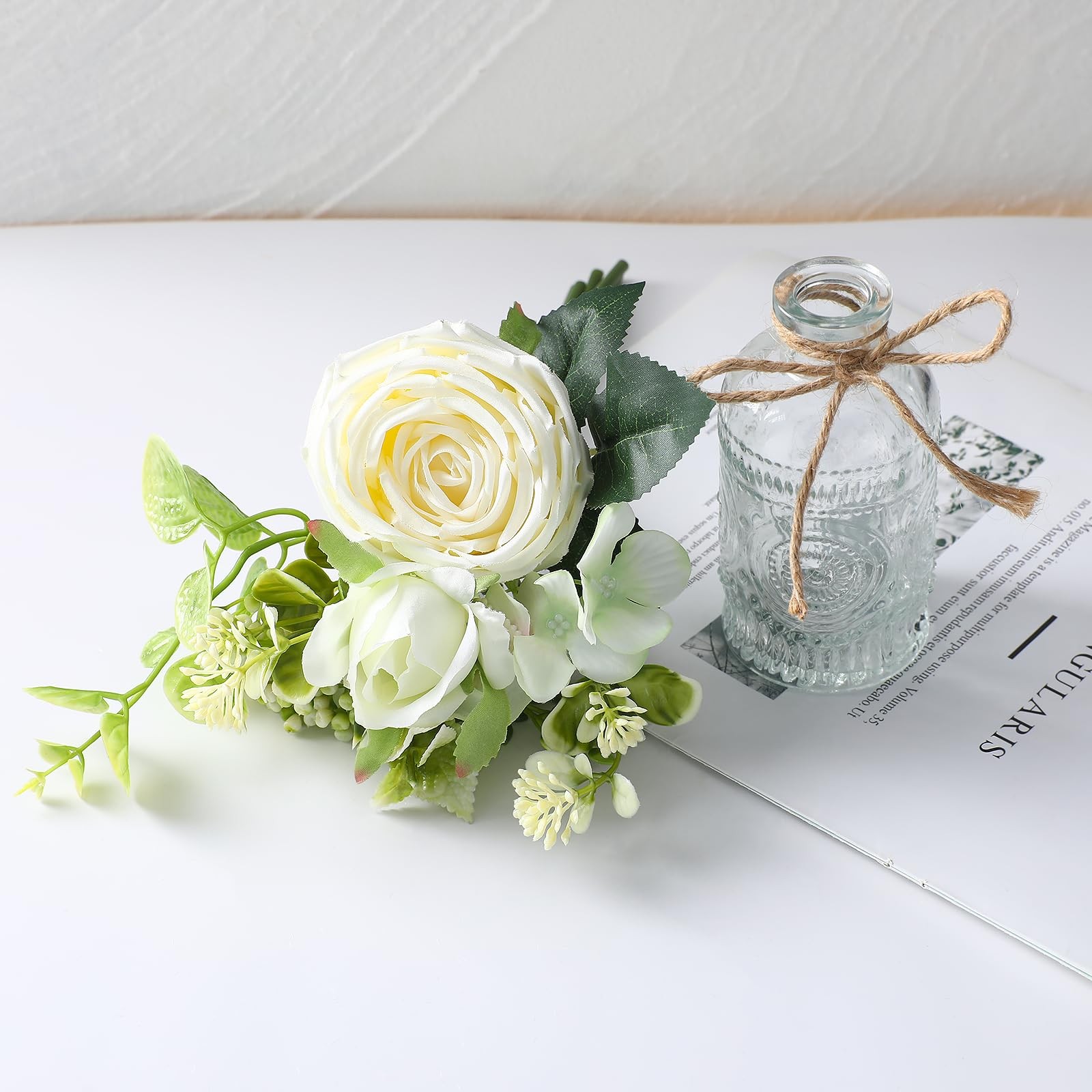 Faux White Silk Rose Flower Arrangement Small Vase Set Table Centerpiece Decor