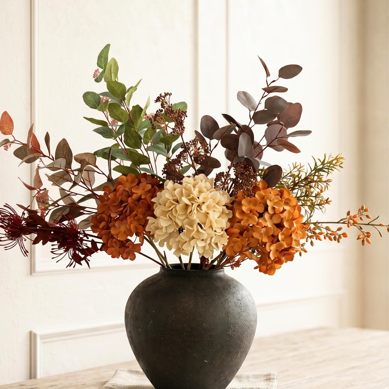 Faux Arrangement – Burnt Orange Hydrangea & Eucalyptus Stems, Fall Centerpiec…