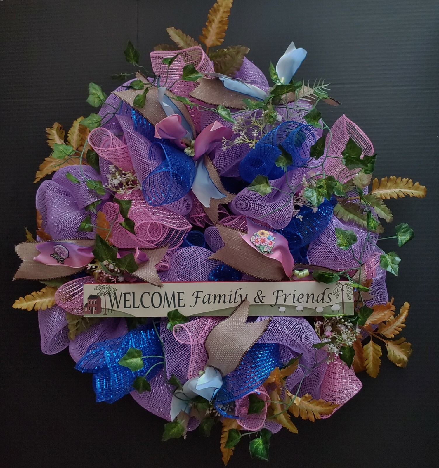 One 24″ Purple Blue Deco Mesh Wreath Welcome Family & Friends New Realtor Home