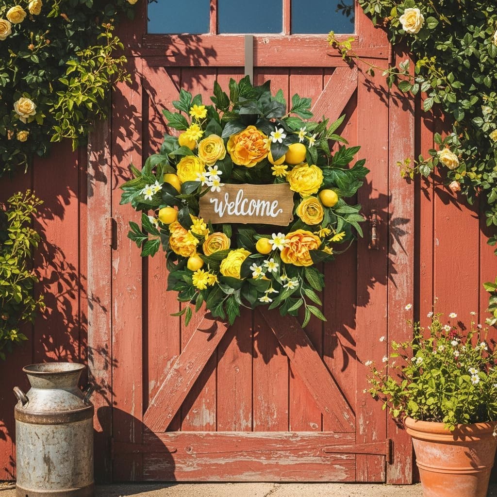 22” Lemon Wreath Welcome Sign Spring Summer Front Door Farmhouse