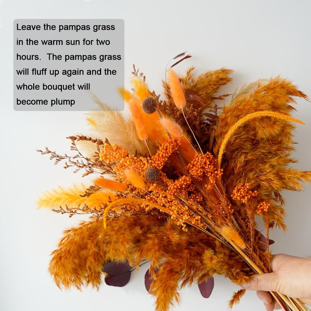 Dried Pampas Grass Bouquet 17″ Orange Sorghum Eucalyptus Wedding Farmhouse