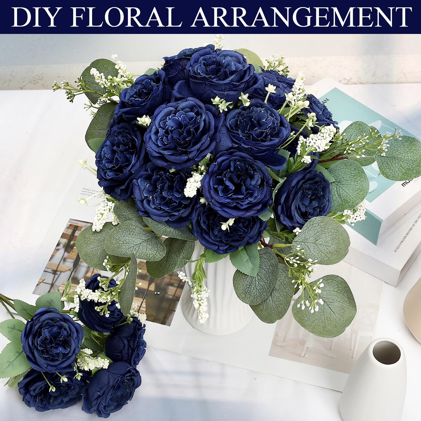 12 PCS Navy Blue Peonies Artificial Flowers Fake Silk Faux Eucalyptus Bouquet
