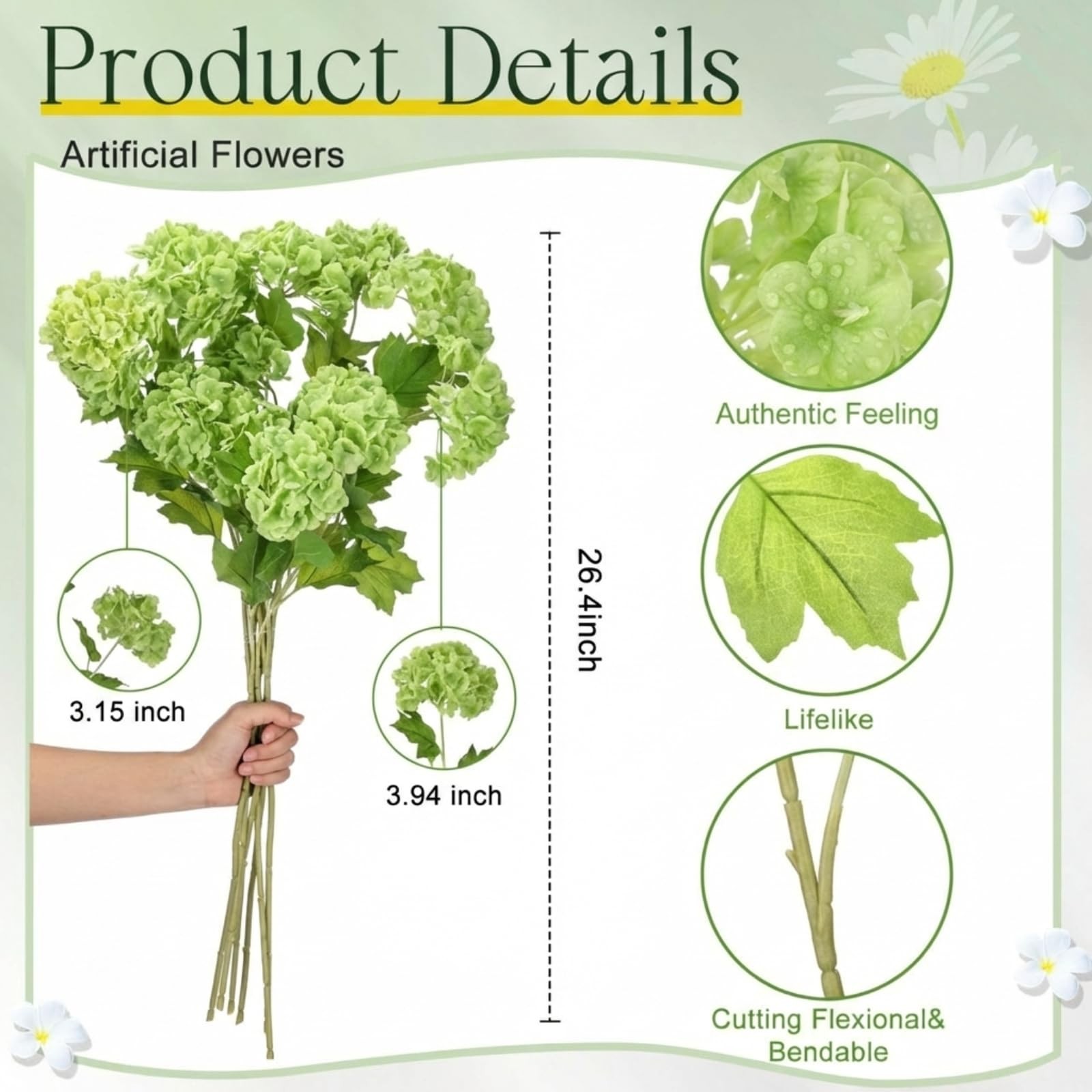 10 Pcs Artificial Green Hydrangea Flower 2 Stems 26.4 ” Lifelike Fake Latex …