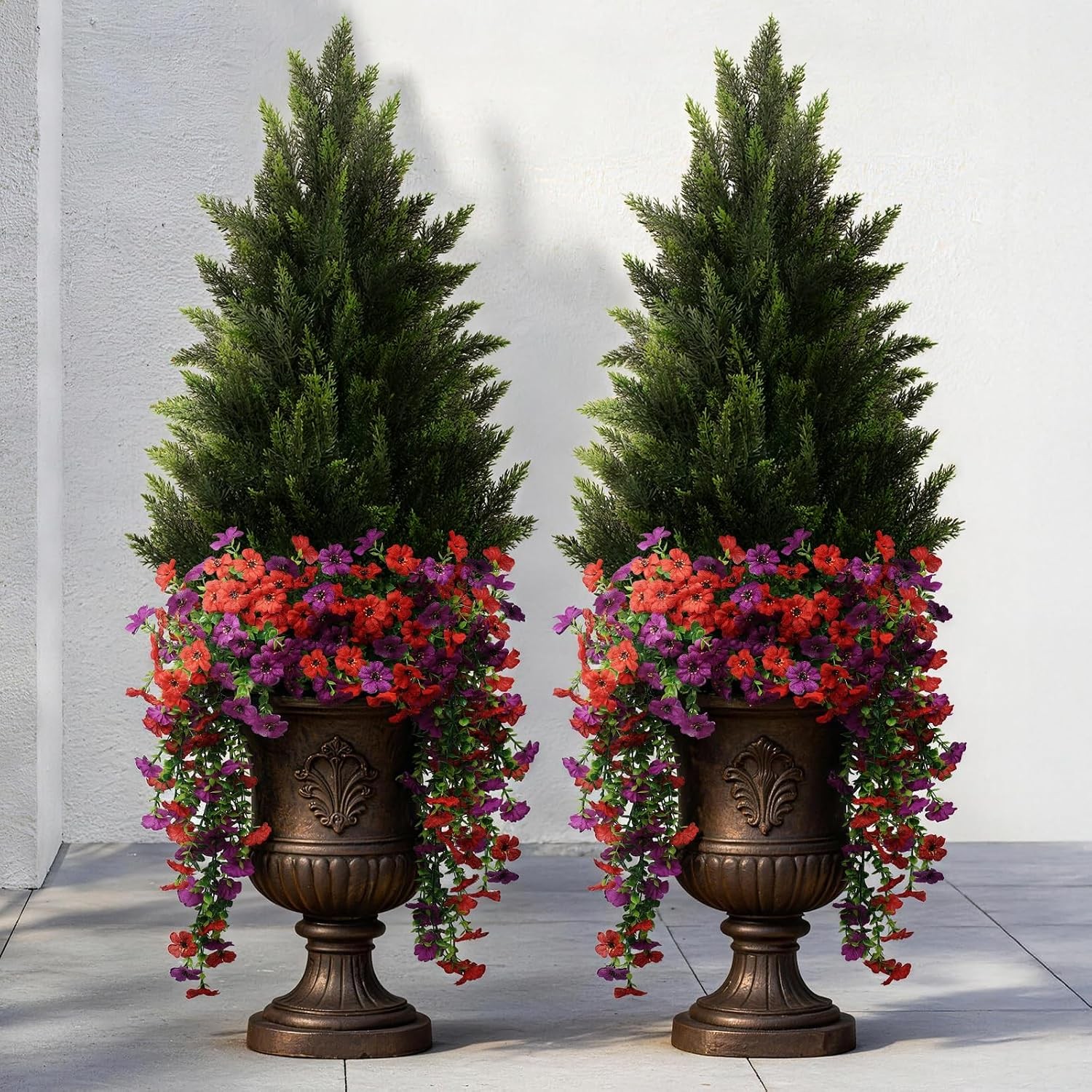 Artificial Topiary Cedar Trees 3FT Tall 2 Set with 12 Bundles Faux Silk Flowers