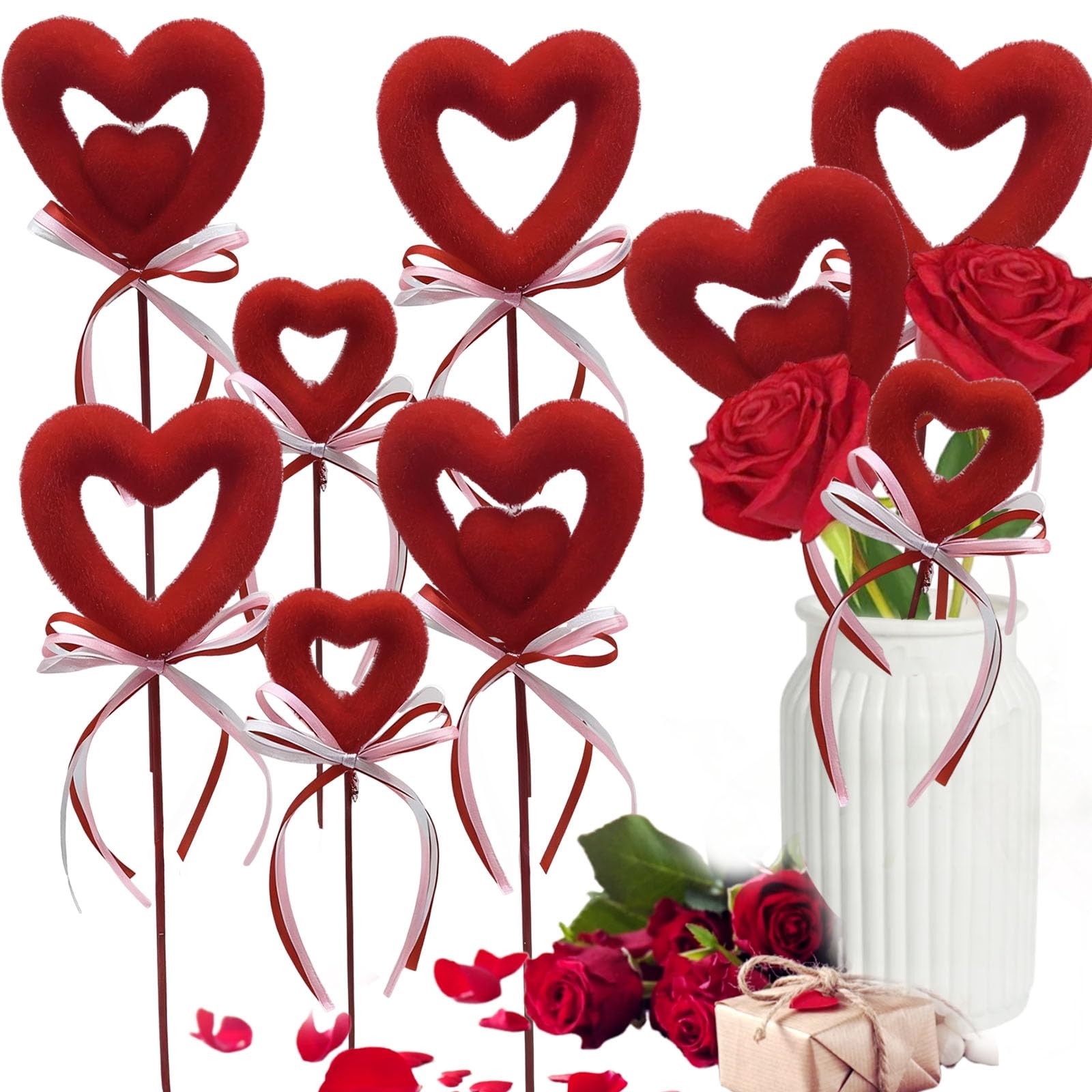 6 Pcs Valentines Heart Shaped Foam Picks Love Bowknot Floral Furry Sticks Art…