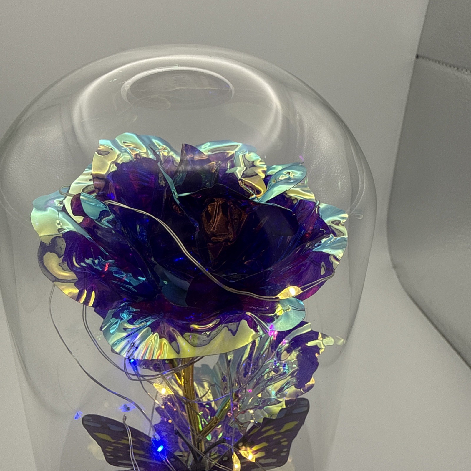 Purple Rose Flower & Butterfly in Glass Dome Cloche LED Lighted Floral Display