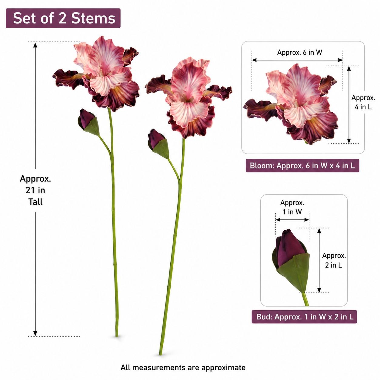 Blush Pink and Plum Purple Real Touch Iris Stems Set of 2 21 Inch Faux Flowers f