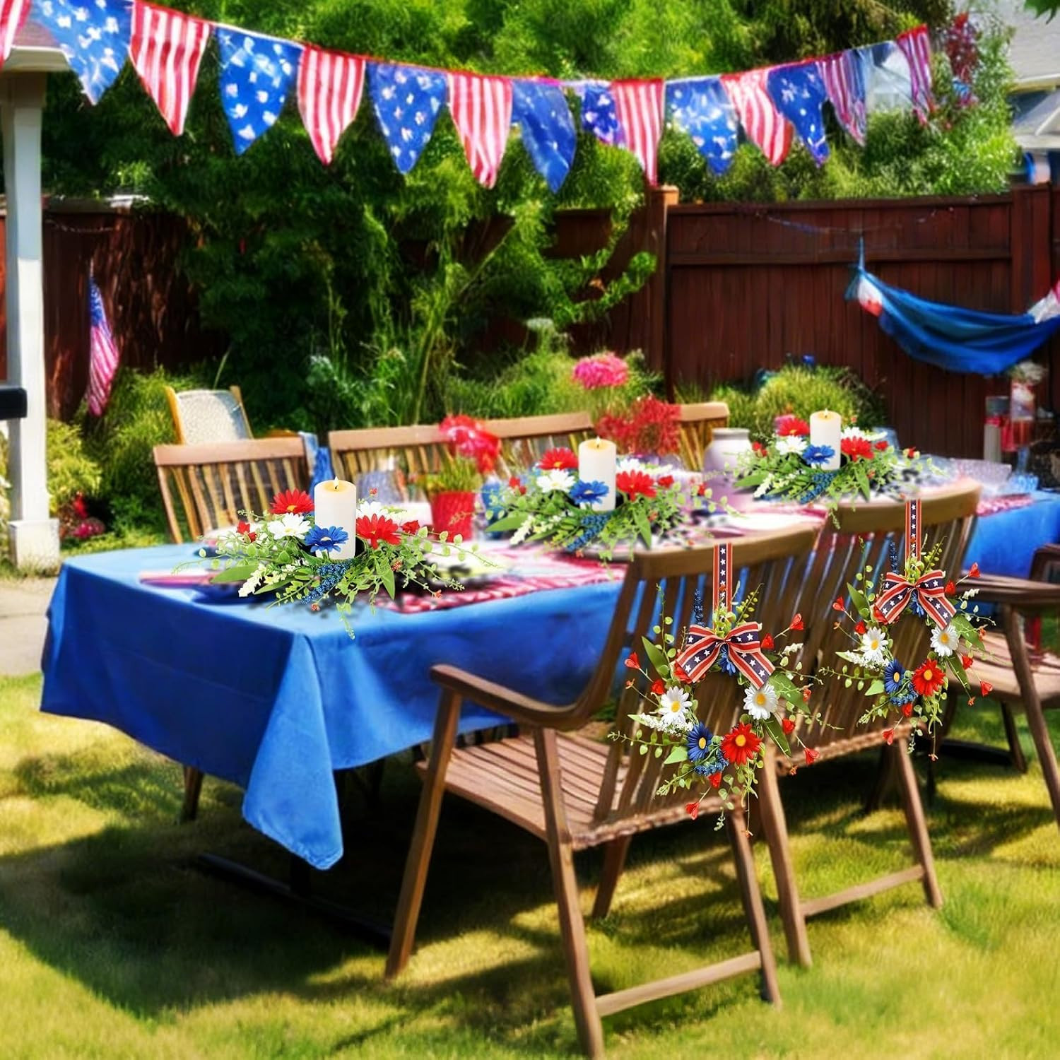 4 PCS Patriotic American Candle Rings Wreaths Artificial 4th of July Floral Cand