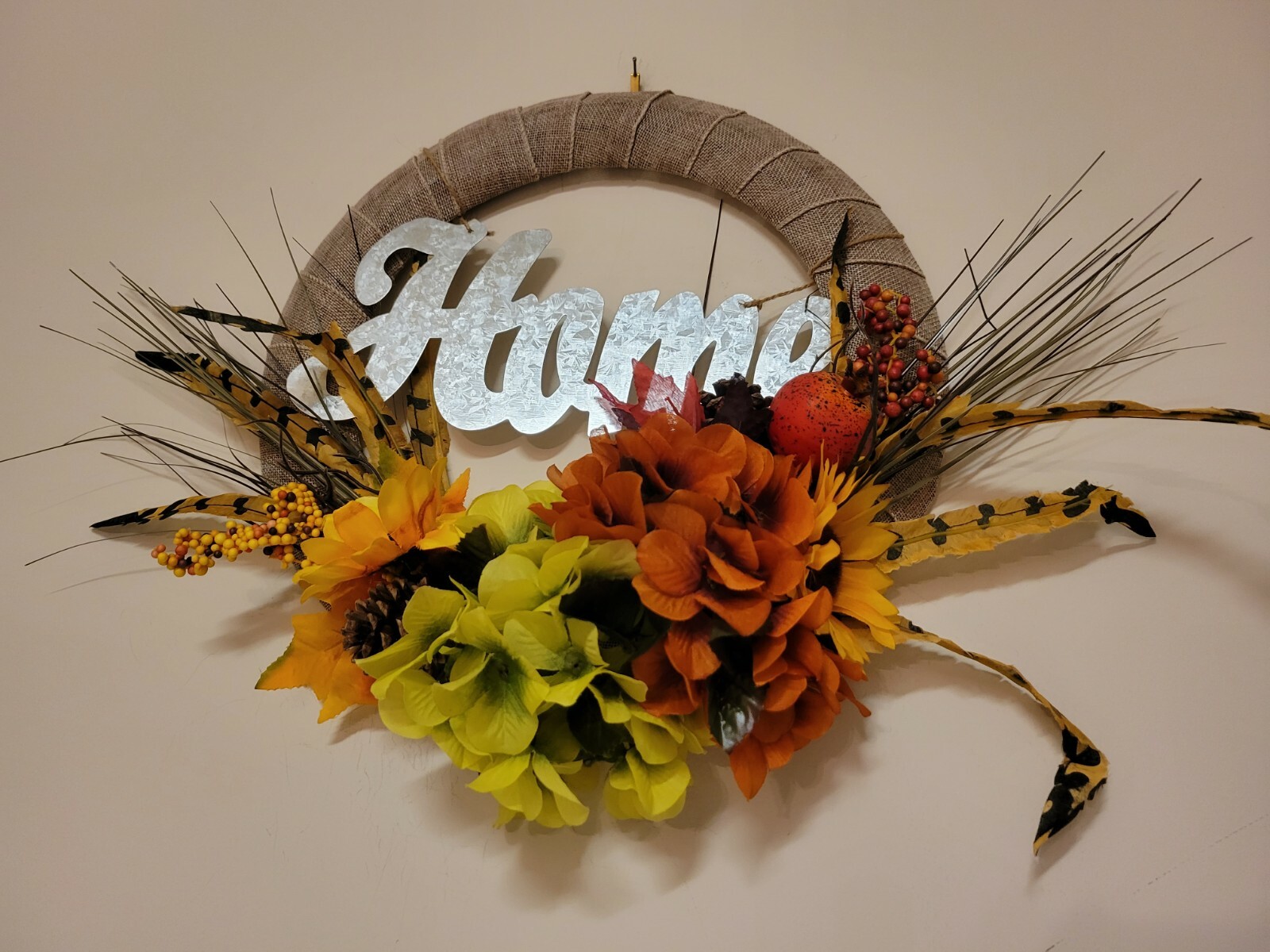 HOME Sunflower Hydrangeas Feather Mini Pomegranate burlap WREATH FALL Front Door