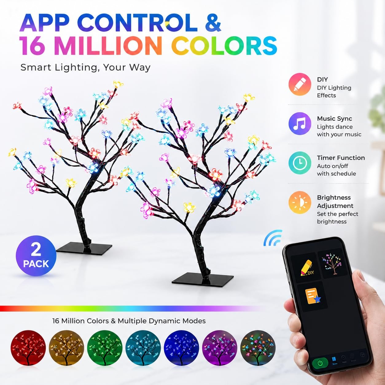Smart LED Cherry Blossom Bonsai Tree 2 Pack, 16 Inch RGB Lamp